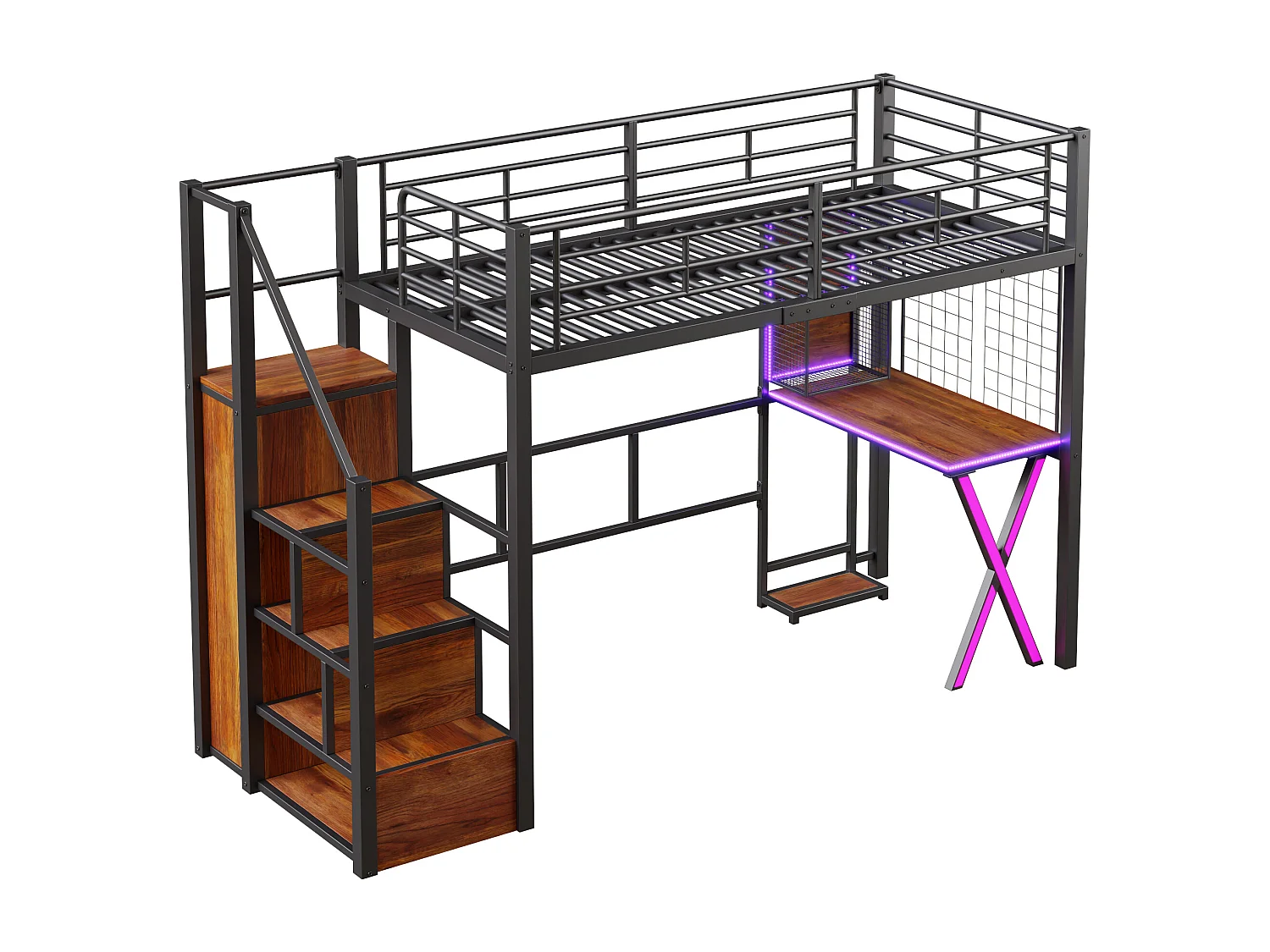 Lit mezzanine 90 x 200 cm avec bureau, penderie, étagères - Lumière d'ambiance - Métal - Noir (sans matelas)