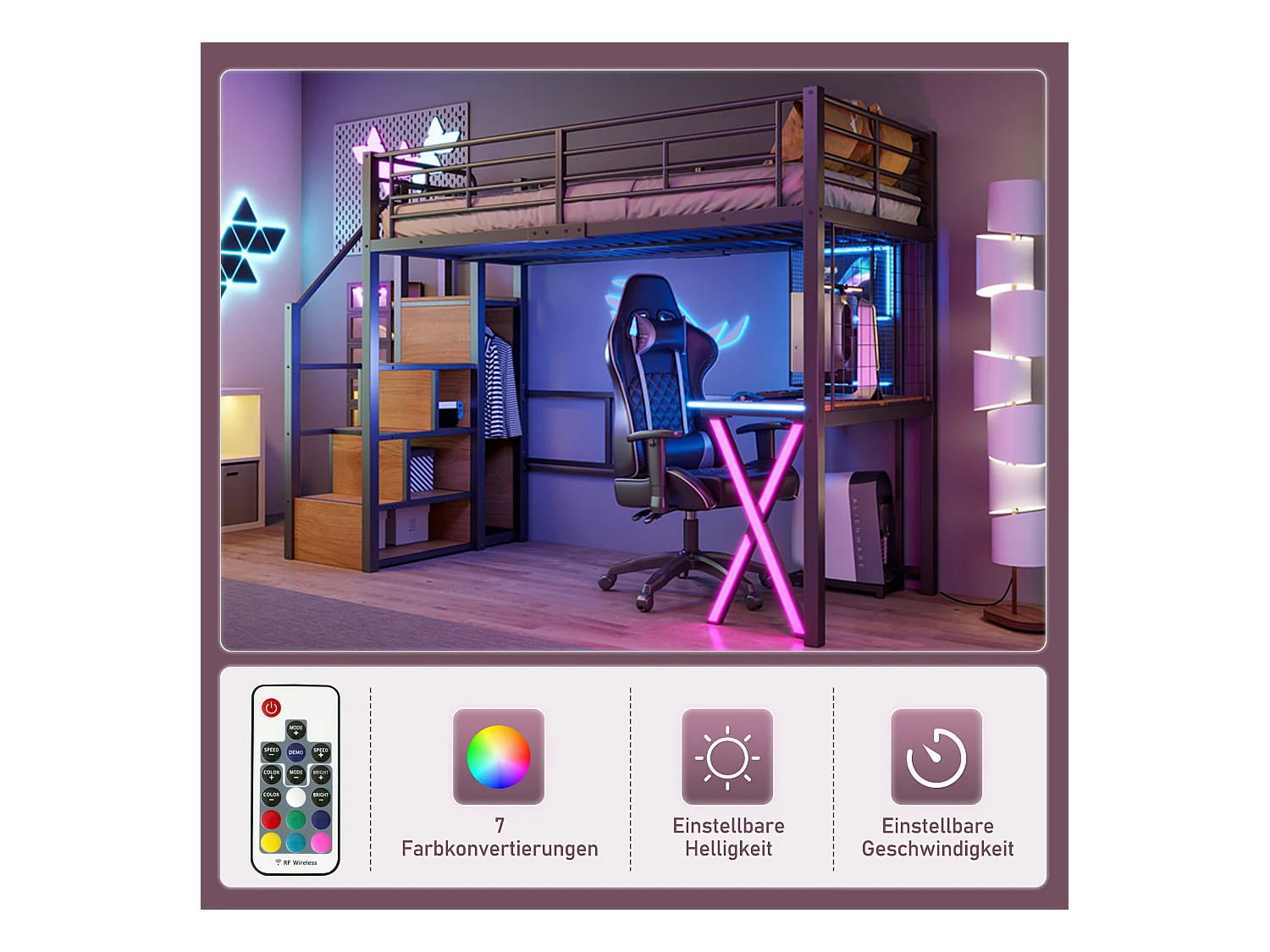 Hoogslaper 90 x 200 cm met bureau, kledingkast, planken - Sfeerverlichting - Metaal - Zwart (zonder matras)