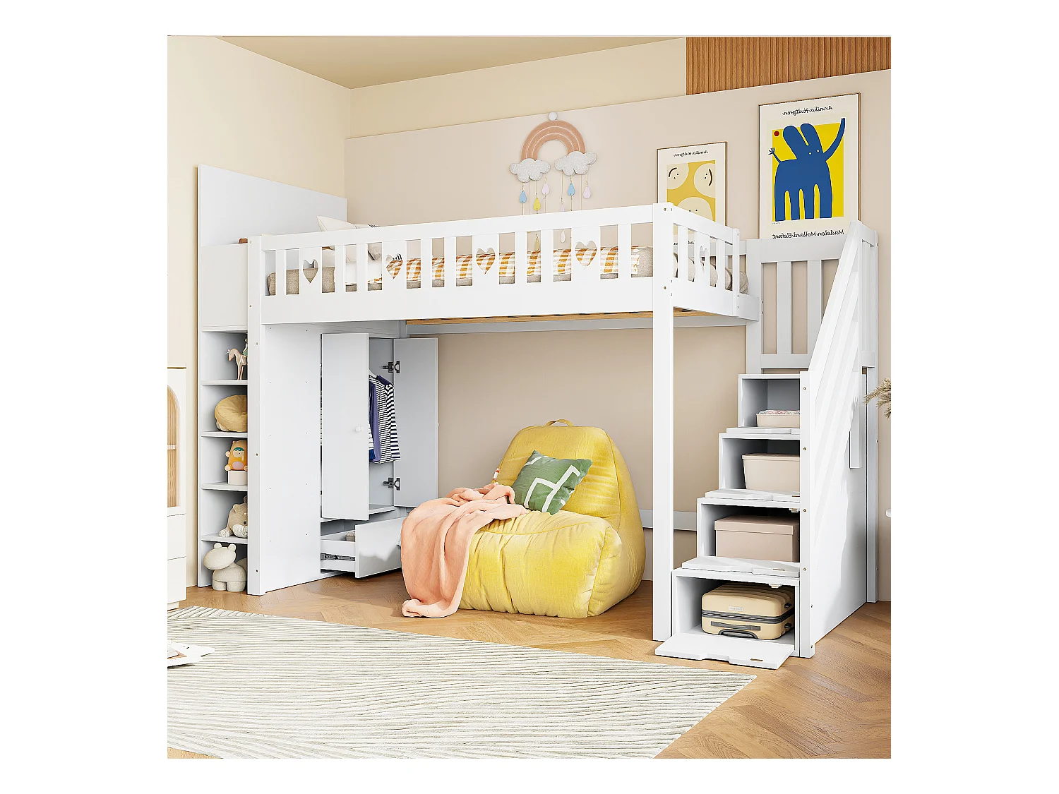 Lit mezzanine 90 x 200 cm avec armoire, étagères de rangement et tiroirs - Pin + MDF - Blanc (sans matelas)