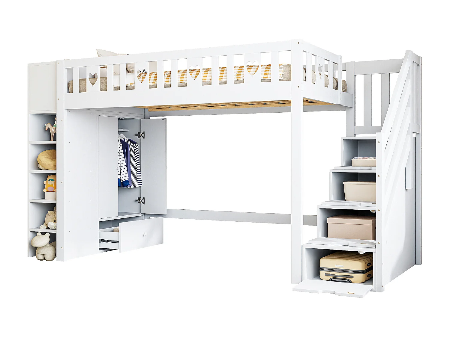 Lit mezzanine 90 x 200 cm avec armoire, étagères de rangement et tiroirs - Pin + MDF - Blanc (sans matelas)