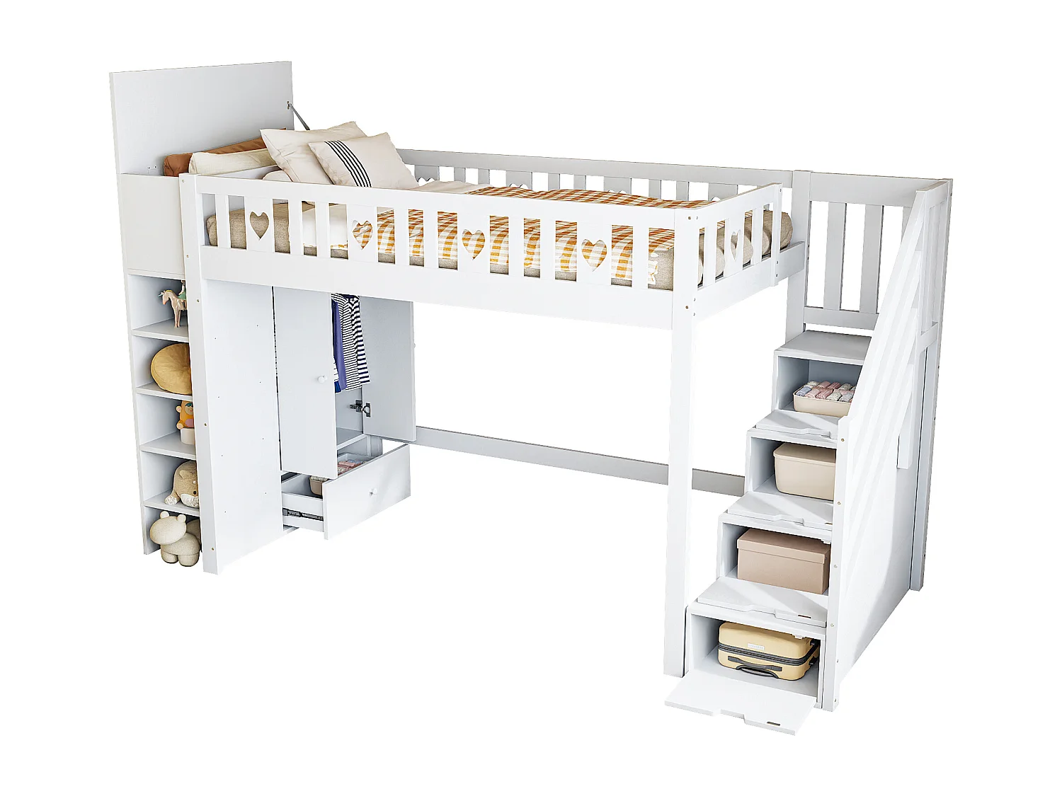 Lit mezzanine 90 x 200 cm avec armoire, étagères de rangement et tiroirs - Pin + MDF - Blanc (sans matelas)