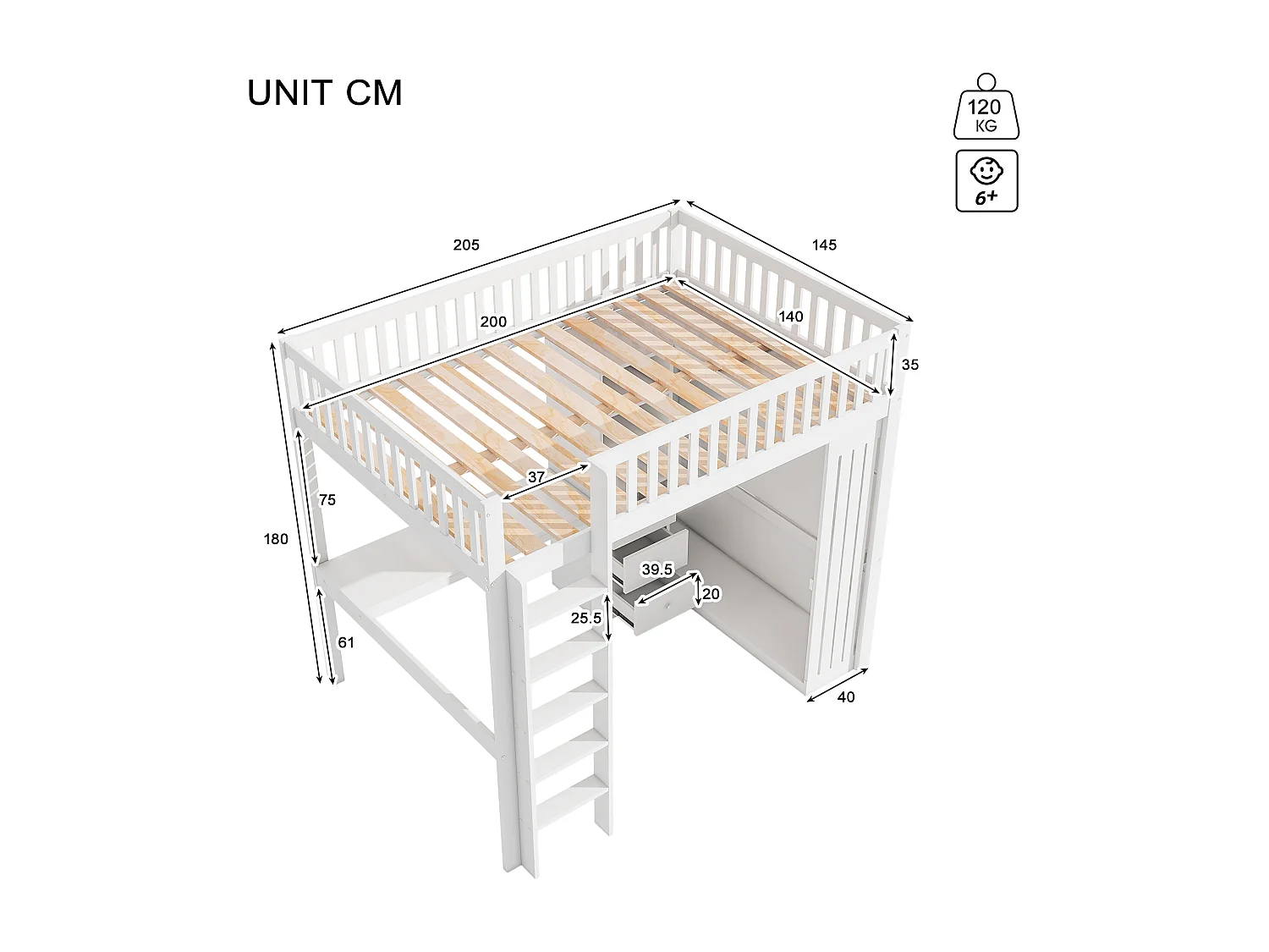 Hochbett 140 x 200 cm mit Schreibtisch, Kleiderschrank und 3 Schubladen – Kiefer + MDF – Weiß (ohne Matratze)