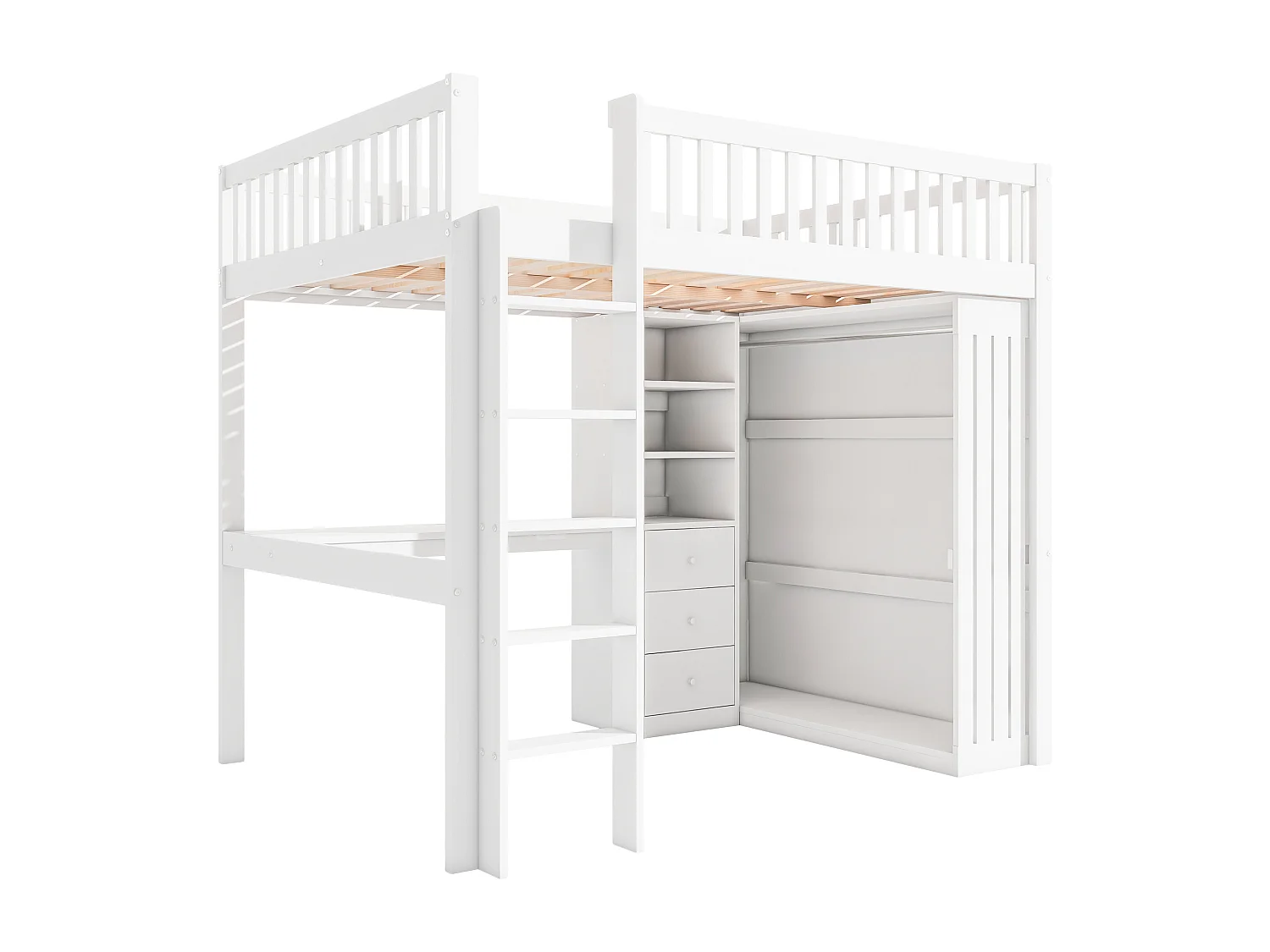 Hochbett 140 x 200 cm mit Schreibtisch, Kleiderschrank und 3 Schubladen – Kiefer + MDF – Weiß (ohne Matratze)