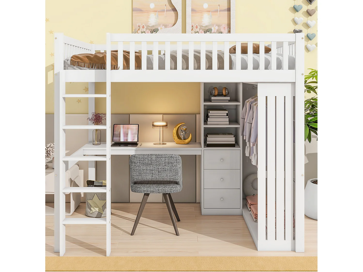 Lit mezzanine 140 x 200 cm avec bureau, armoire et 3 tiroirs - Pin + MDF - Blanc (sans matelas)