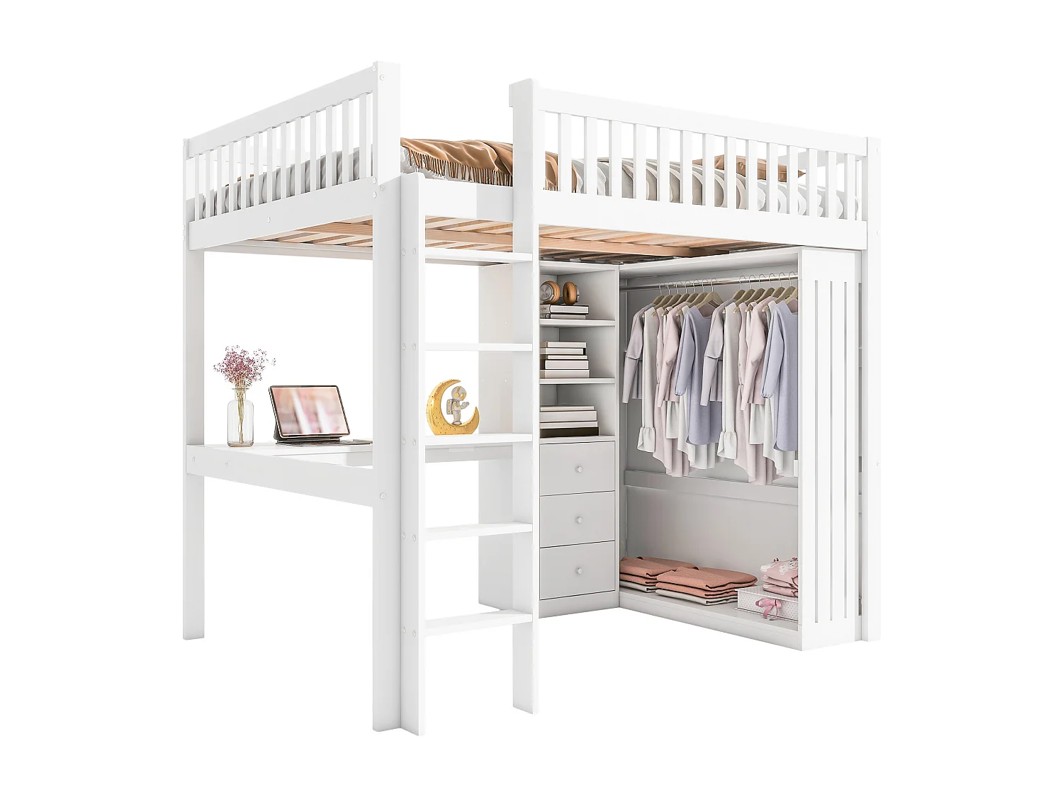 Lit mezzanine 140 x 200 cm avec bureau, armoire et 3 tiroirs - Pin + MDF - Blanc (sans matelas)