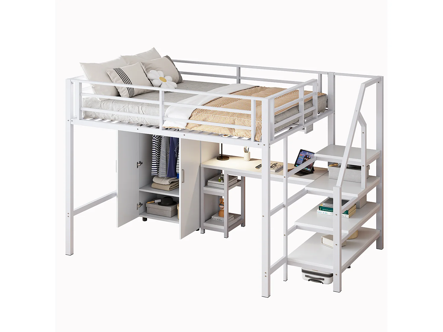 Letto a soppalco 140 x 200 cm con scrivania, armadio e ripiani - Metallo + MDF - Bianco (senza materasso)