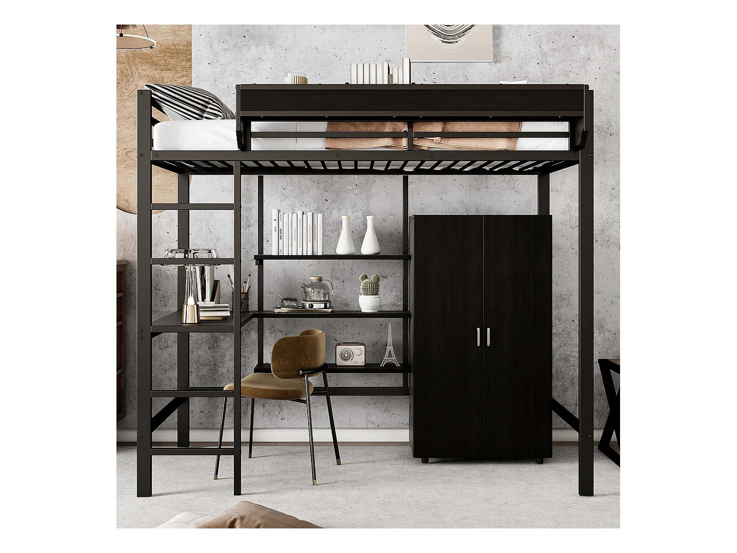 Hoogslaper 90 x 200 cm met bureau, kledingkast en opbergplanken - IJzer + spaanplaat - voor kinderen - Zwart