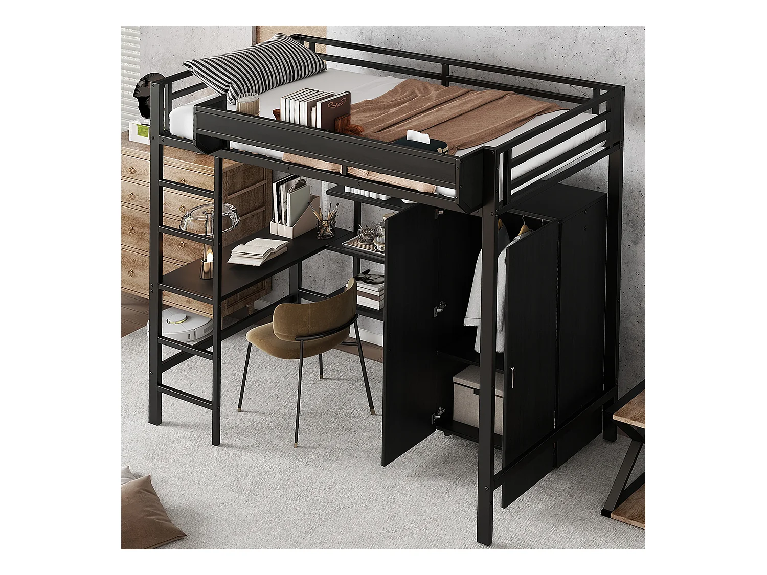 Hoogslaper 90 x 200 cm met bureau, kledingkast en opbergplanken - IJzer + spaanplaat - voor kinderen - Zwart