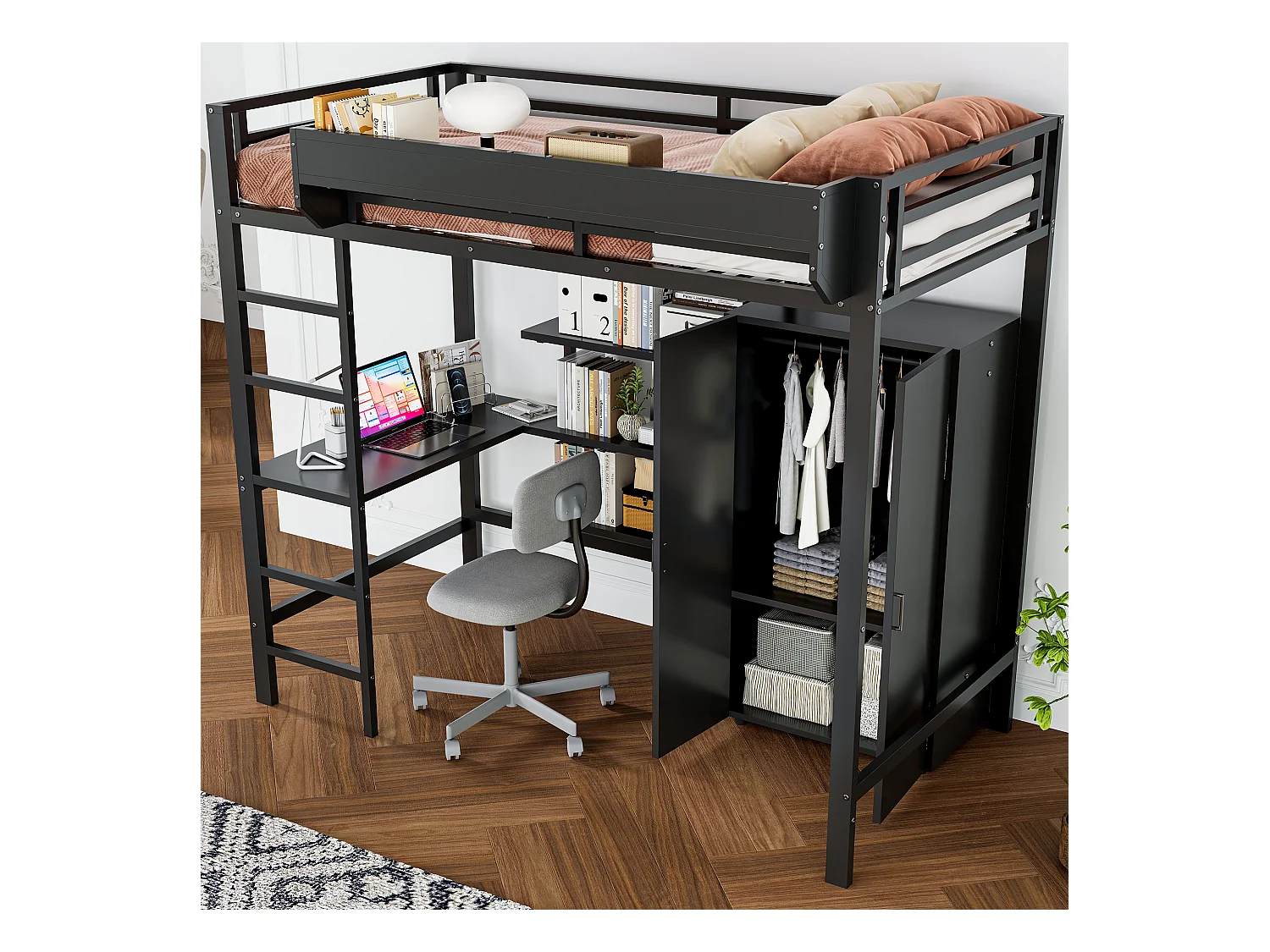 Hoogslaper 90 x 200 cm met bureau, kledingkast en opbergplanken - IJzer + spaanplaat - voor kinderen - Zwart