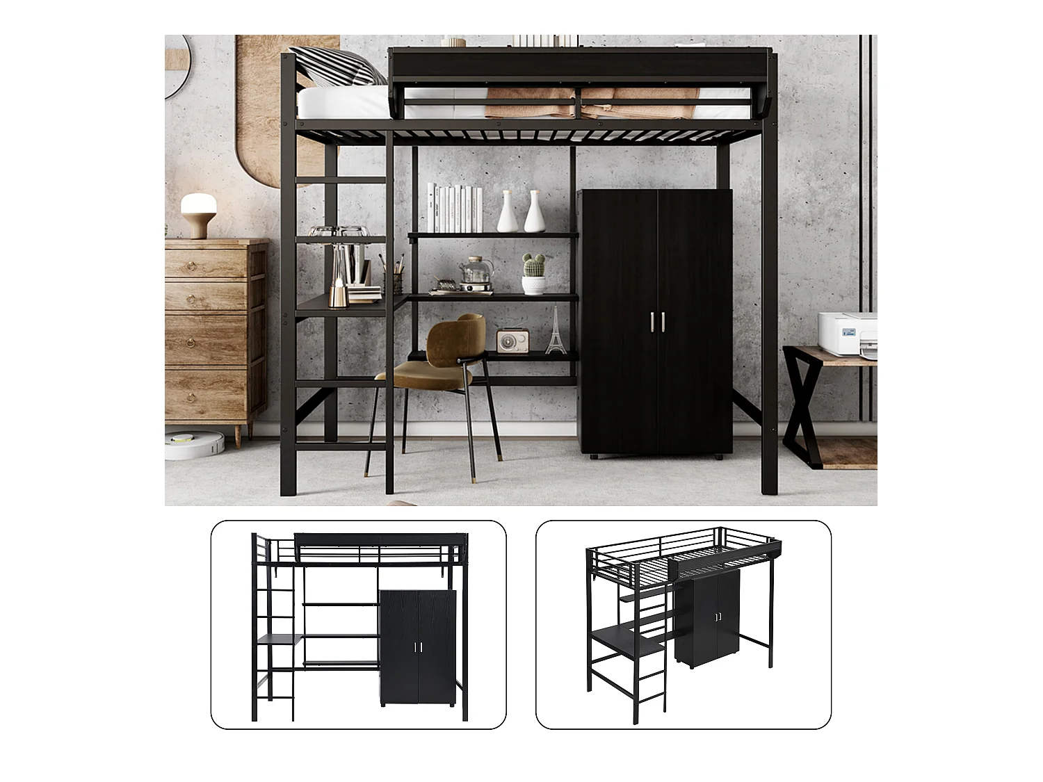 Hoogslaper 90 x 200 cm met bureau, kledingkast en opbergplanken - IJzer + spaanplaat - voor kinderen - Zwart