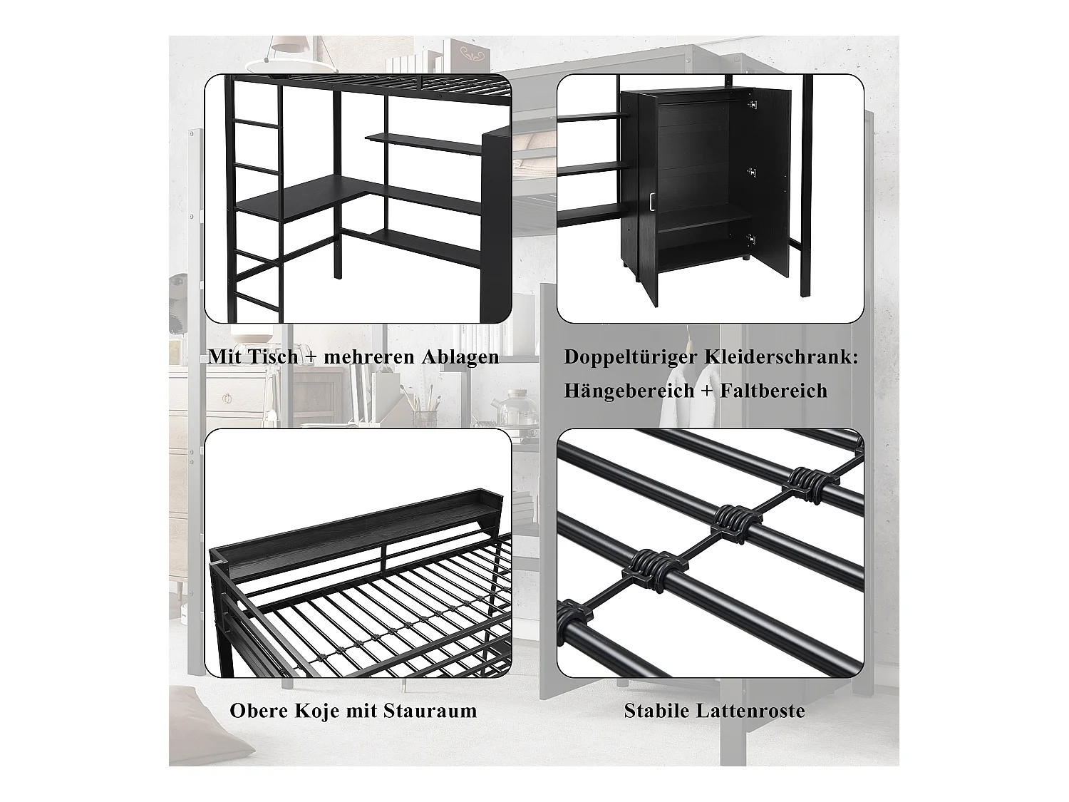 Hoogslaper 90 x 200 cm met bureau, kledingkast en opbergplanken - IJzer + spaanplaat - voor kinderen - Zwart