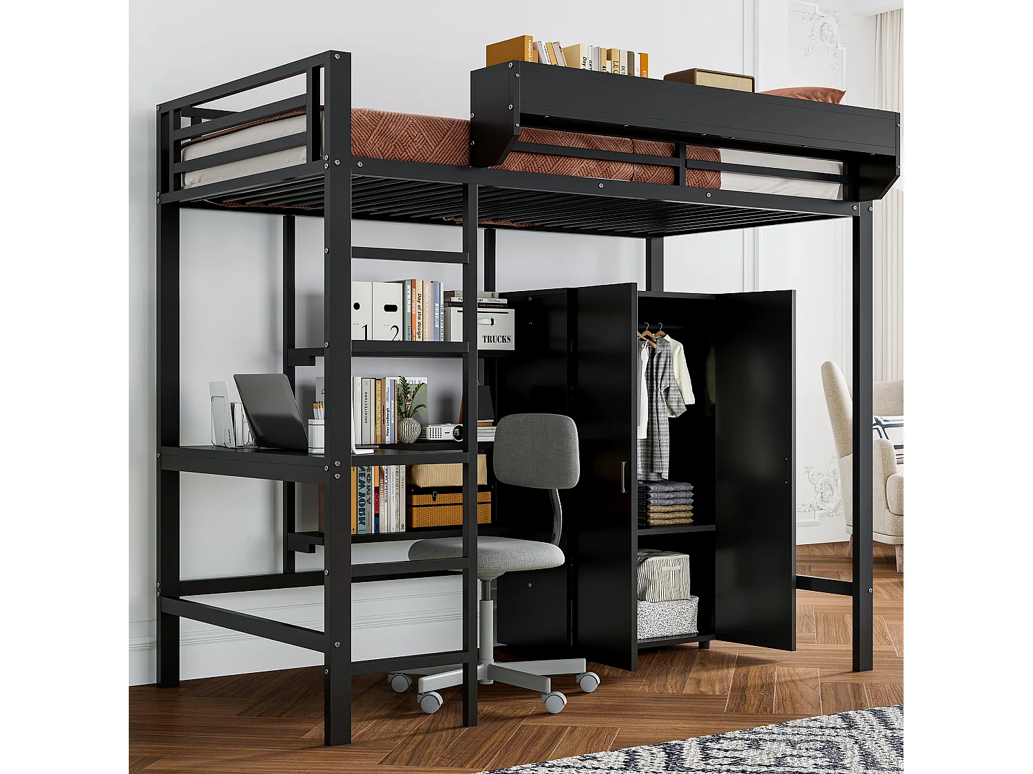 Lit mezzanine 90 x 200 cm avec bureau, armoir et étagères de rangement - Fer + aggloméré - pour enfant - Noir