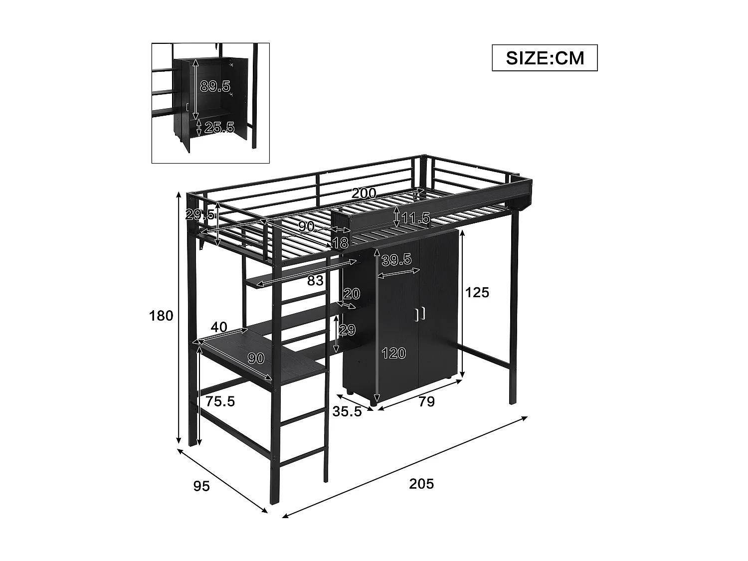 Lit mezzanine 90 x 200 cm avec bureau, armoir et étagères de rangement - Fer + aggloméré - pour enfant - Noir