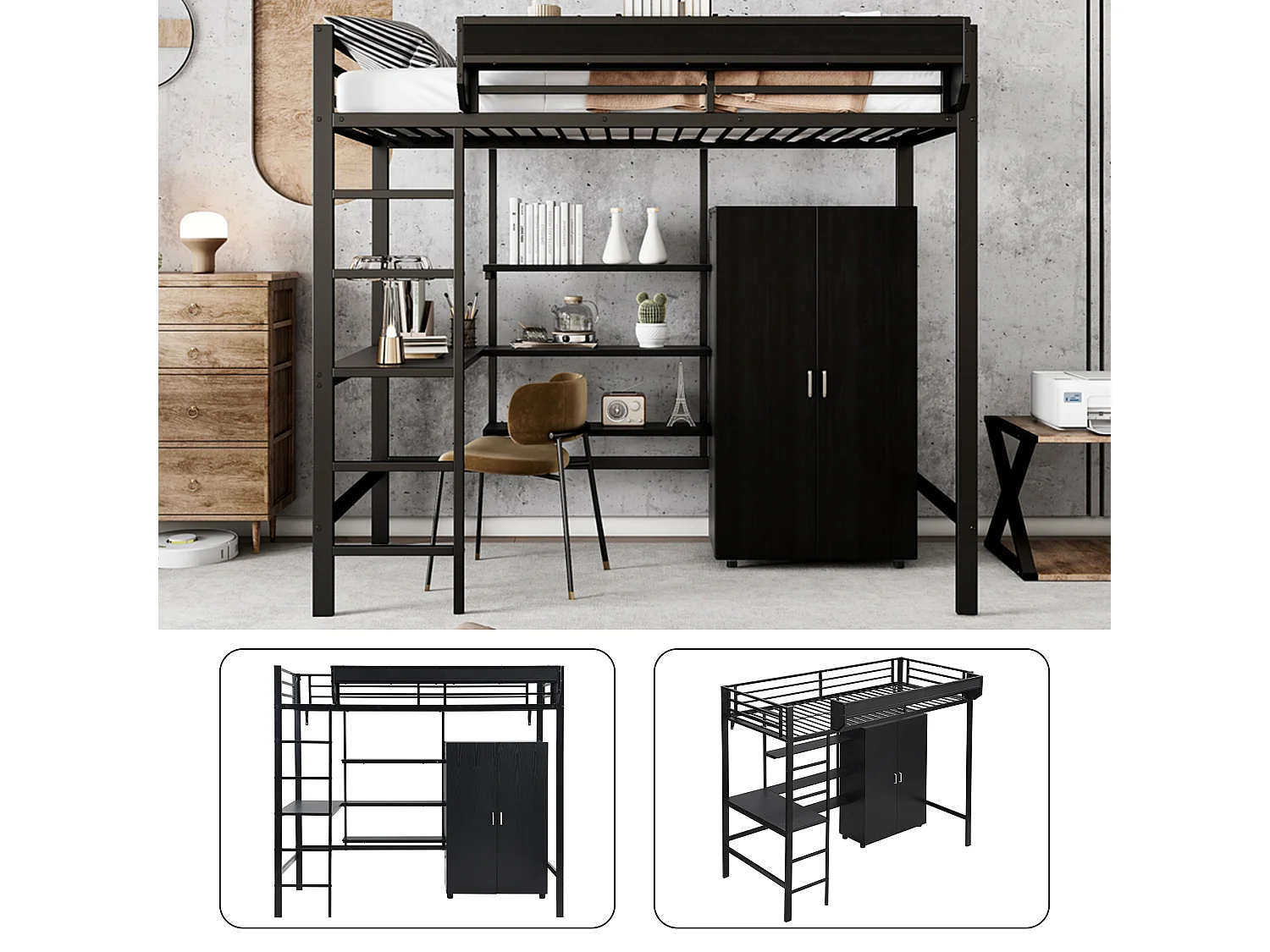 Lit mezzanine 90 x 200 cm avec bureau, armoir et étagères de rangement - Fer + aggloméré - pour enfant - Noir