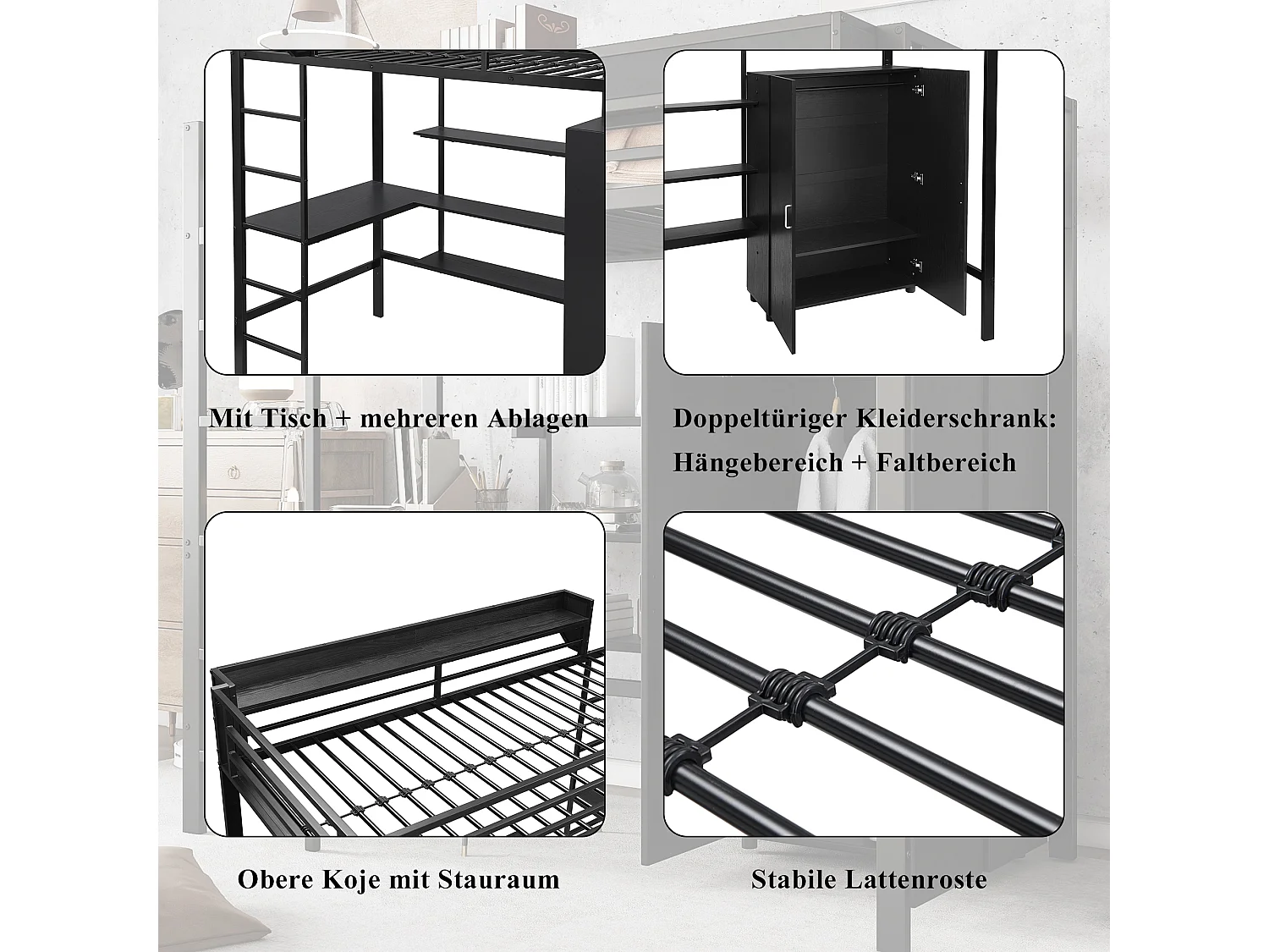 Lit mezzanine 90 x 200 cm avec bureau, armoir et étagères de rangement - Fer + aggloméré - pour enfant - Noir
