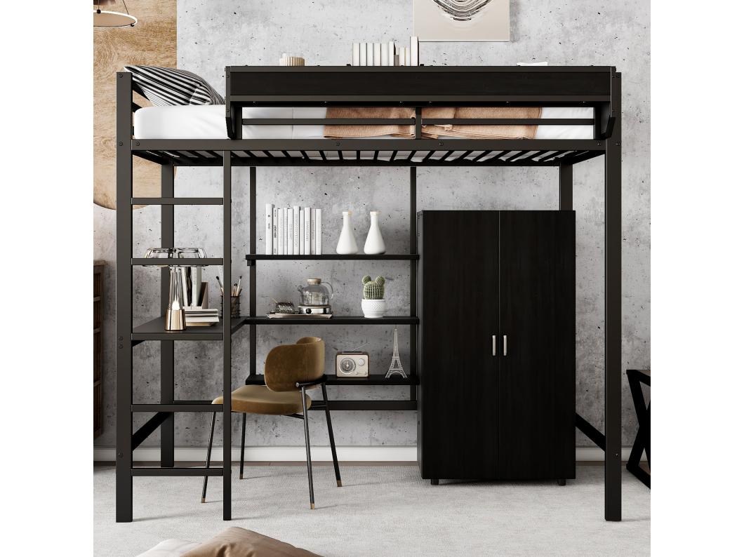 Hoogslaper 90 x 200 cm met bureau, kledingkast en opbergplanken - IJzer + spaanplaat - voor kinderen - Zwart