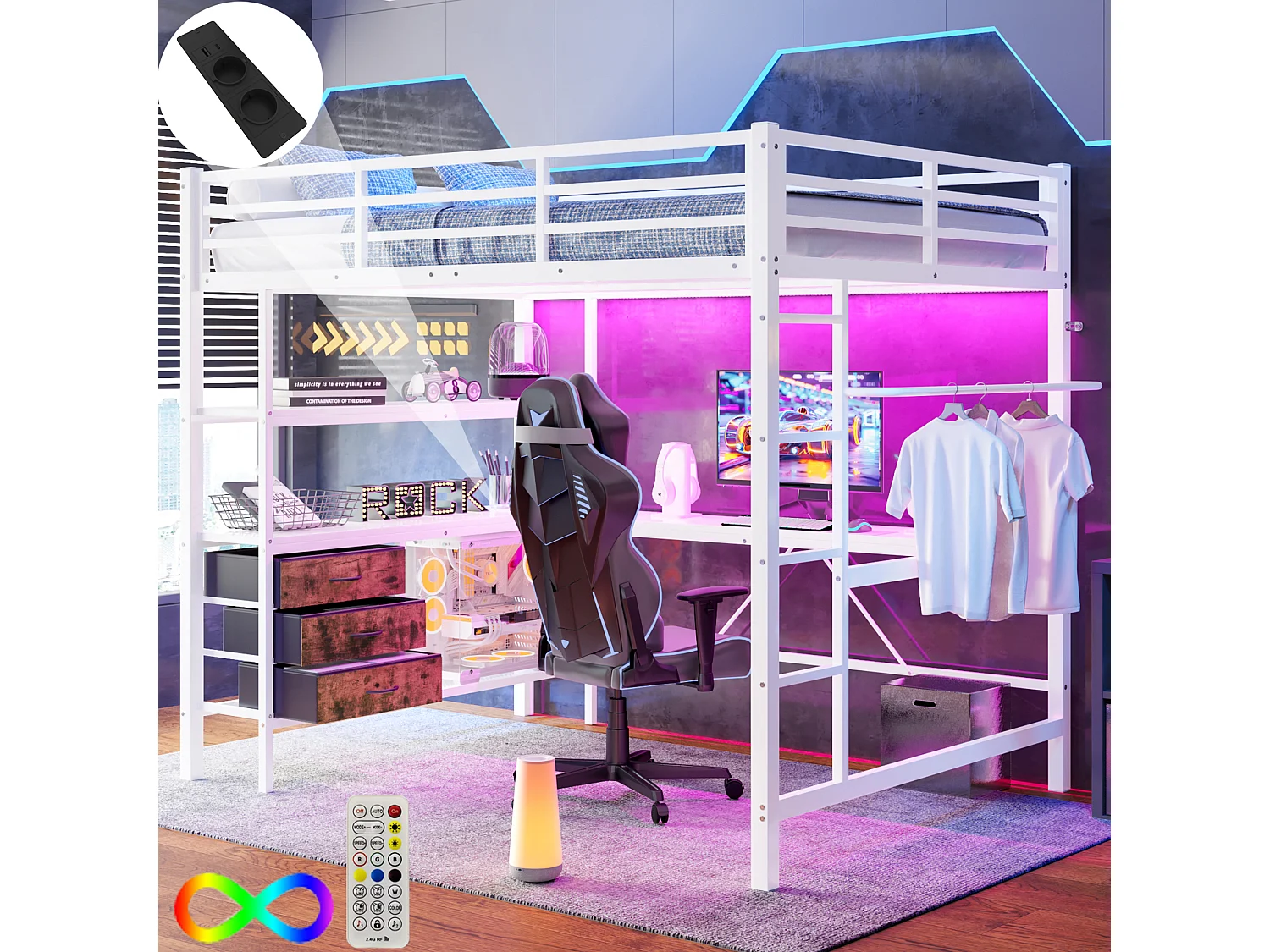 Lit mezzanine 140 x 200 cm avec bureau d'angle, 3 tiroirs et étagères - Prise USB et Lumière d'ambiance - Métal - Blanc (sans matelas)