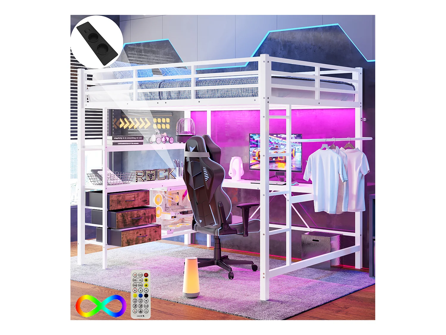 Lit mezzanine 140 x 200 cm avec bureau d'angle, 3 tiroirs et étagères - Prise USB et Lumière d'ambiance - Métal - Blanc (sans matelas)