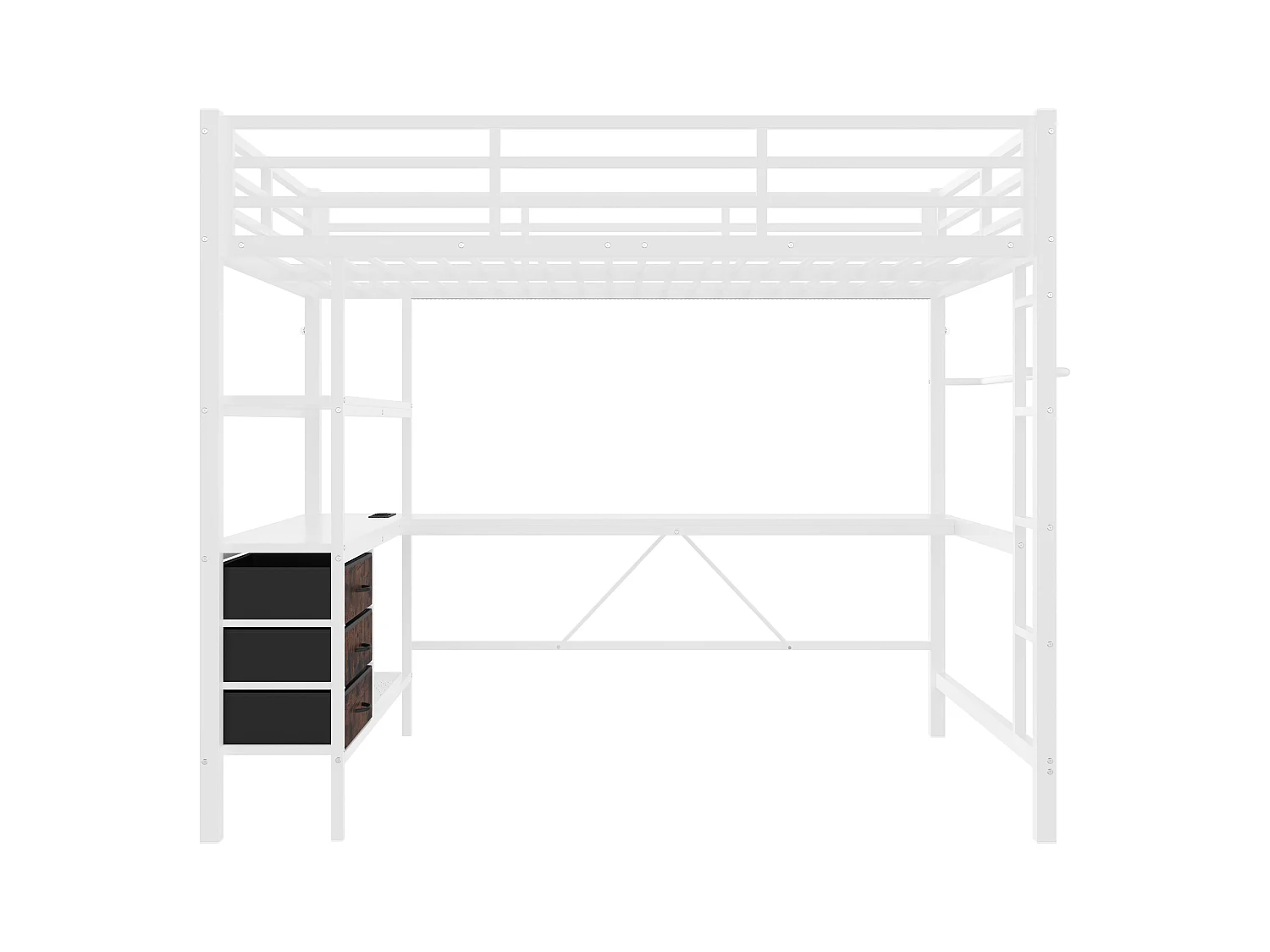 Hoogslaper 140 x 200 cm met hoekbureau, 3 lades en legplanken - USB-aansluiting en sfeerverlichting - Metaal - Wit (zonder matras)