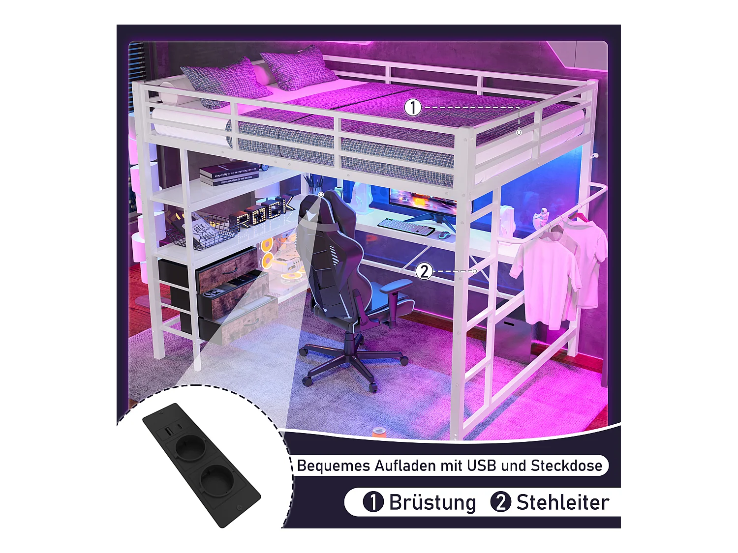Hoogslaper 140 x 200 cm met hoekbureau, 3 lades en legplanken - USB-aansluiting en sfeerverlichting - Metaal - Wit (zonder matras)