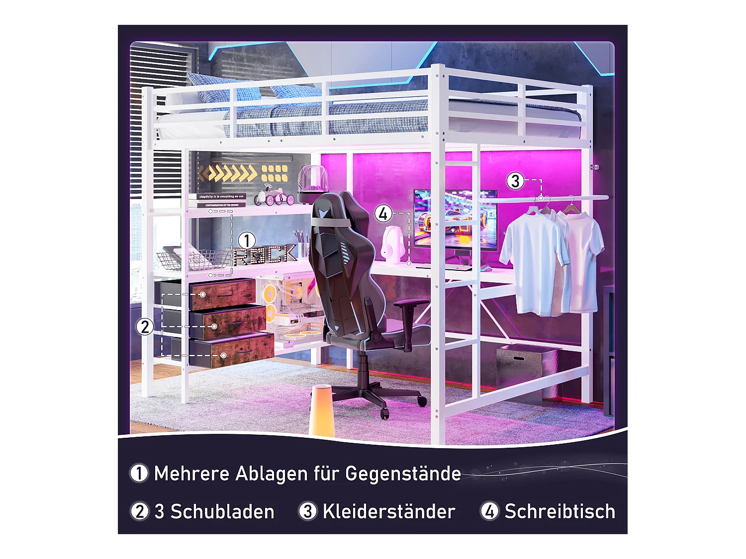 Hoogslaper 140 x 200 cm met hoekbureau, 3 lades en legplanken - USB-aansluiting en sfeerverlichting - Metaal - Wit (zonder matras)