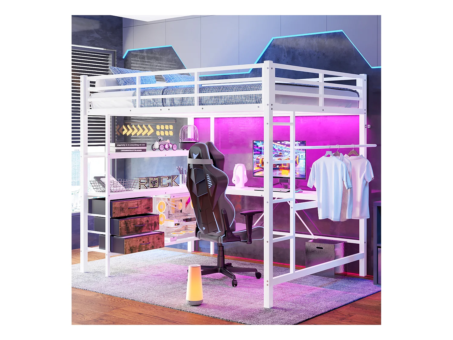 Hoogslaper 140 x 200 cm met hoekbureau, 3 lades en legplanken - USB-aansluiting en sfeerverlichting - Metaal - Wit (zonder matras)