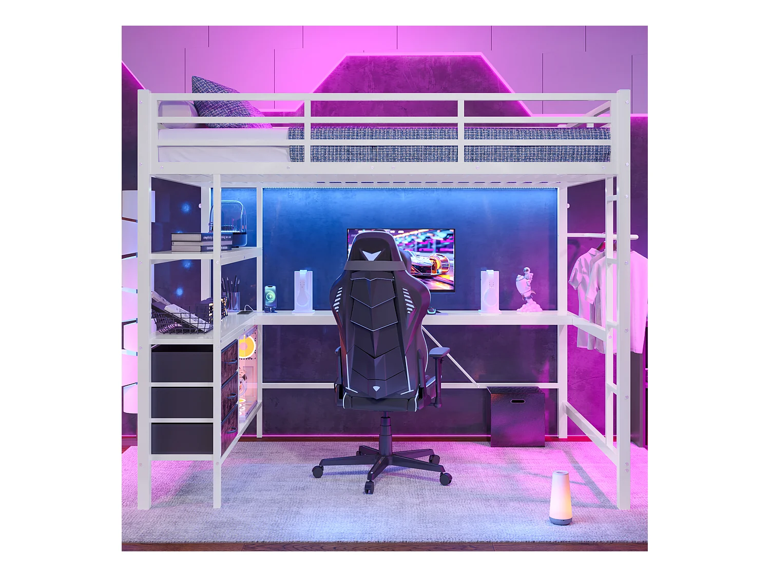 Hoogslaper 140 x 200 cm met hoekbureau, 3 lades en legplanken - USB-aansluiting en sfeerverlichting - Metaal - Wit (zonder matras)