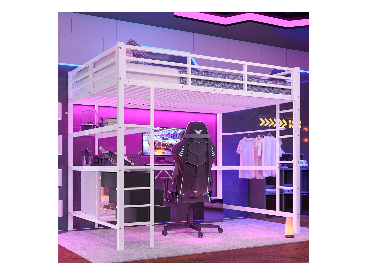 Hoogslaper 140 x 200 cm met hoekbureau, 3 lades en legplanken - USB-aansluiting en sfeerverlichting - Metaal - Wit (zonder matras)
