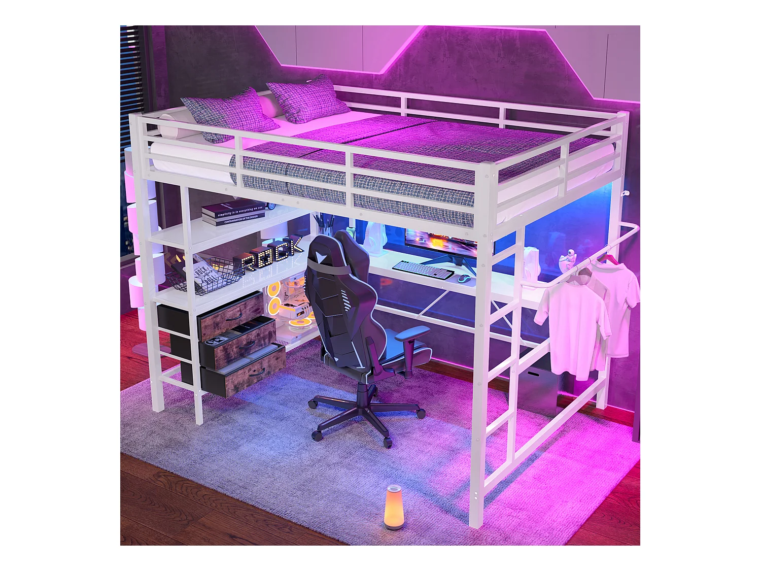 Hoogslaper 140 x 200 cm met hoekbureau, 3 lades en legplanken - USB-aansluiting en sfeerverlichting - Metaal - Wit (zonder matras)