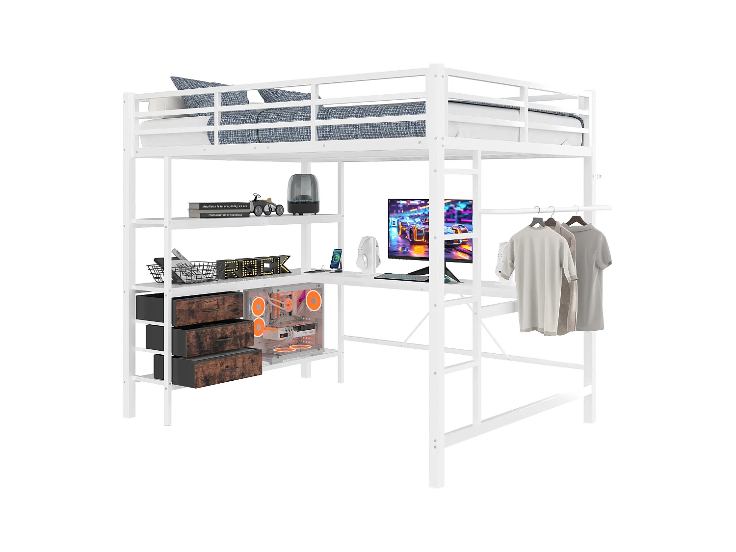 Hoogslaper 140 x 200 cm met hoekbureau, 3 lades en legplanken - USB-aansluiting en sfeerverlichting - Metaal - Wit (zonder matras)