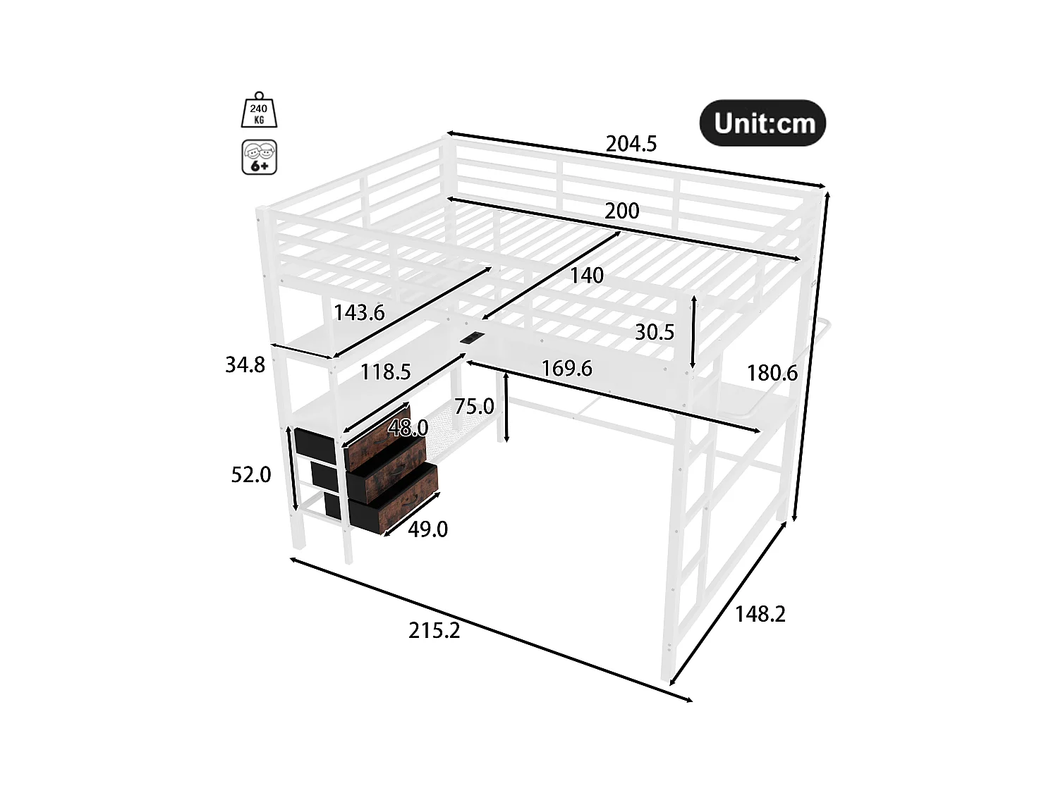 Hoogslaper 140 x 200 cm met hoekbureau, 3 lades en legplanken - USB-aansluiting en sfeerverlichting - Metaal - Wit (zonder matras)