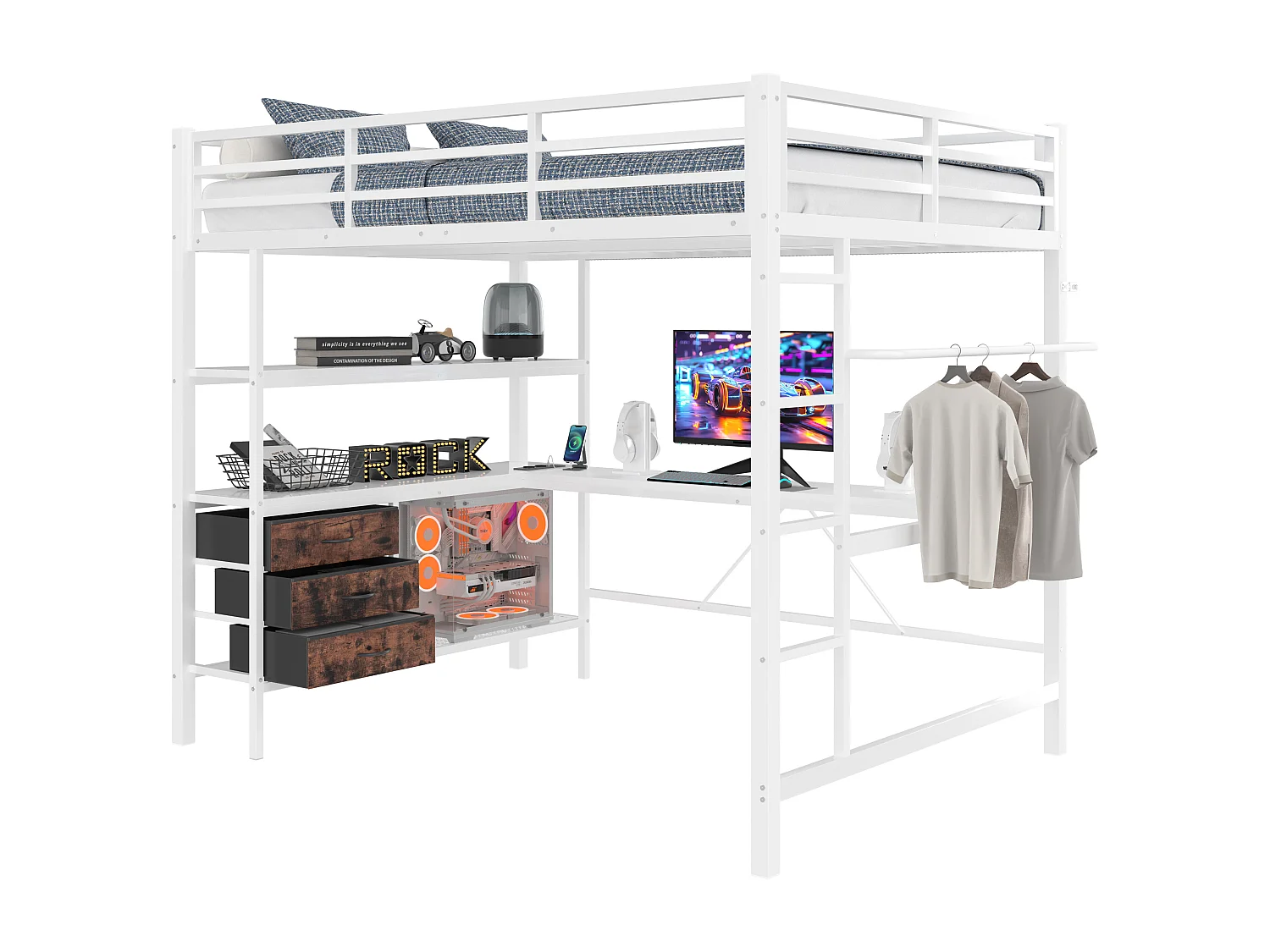 Lit mezzanine 140 x 200 cm avec bureau d'angle, 3 tiroirs et étagères - Prise USB et Lumière d'ambiance - Métal - Blanc (sans matelas)