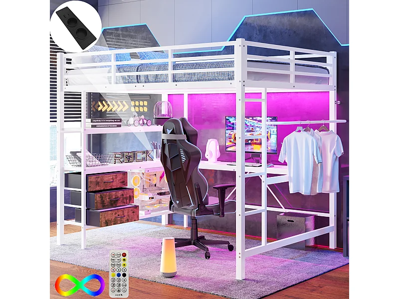 Lit mezzanine 140 x 200 cm avec bureau d'angle, 3 tiroirs et étagères - Prise USB et Lumière d'ambiance - Métal - Blanc (sans matelas)