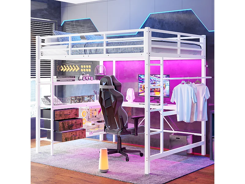 Cama alta 140 x 200 cm con escritorio esquinero, 3 cajones y estantes - Puerto USB y luz ambiental - Metal - Blanco (colchón no incluido)