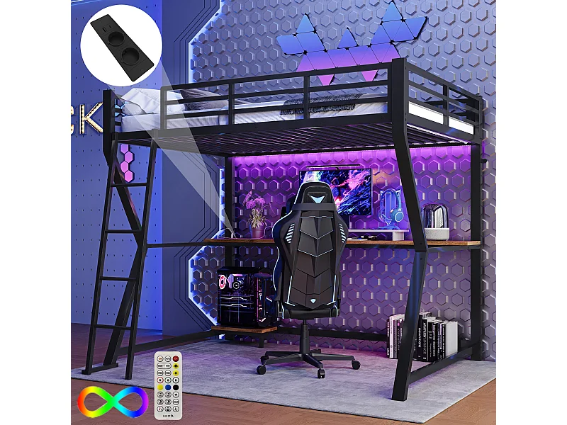 Cama alta de 90 x 200 cm com escrivaninha, tomada + USB e prateleiras - Iluminação ambiente - Metal - Preto (sem colchão)