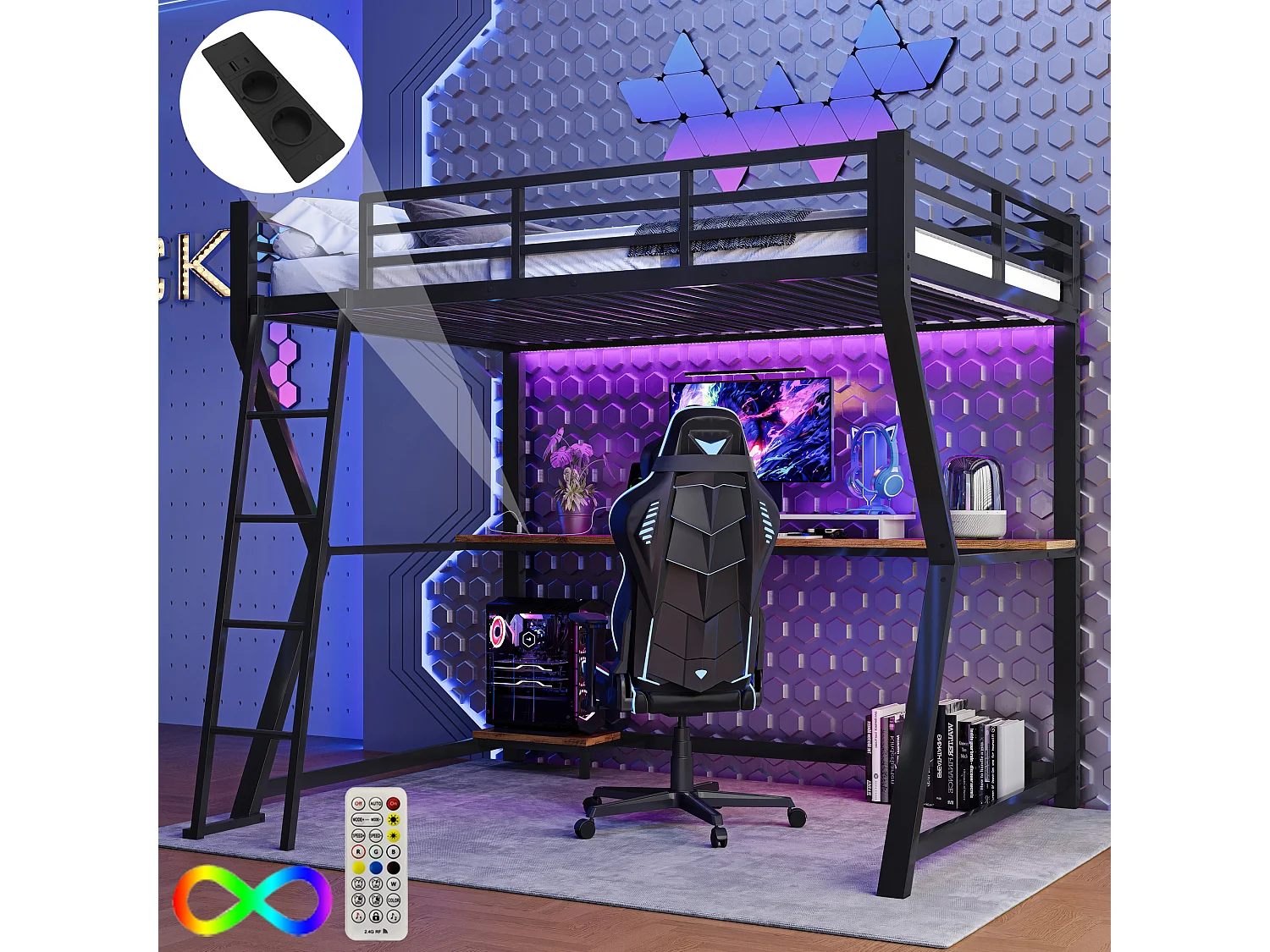 Łóżko antresola 90 x 200 cm z biurkiem, gniazdem USB i półkami - Oświetlenie nastrojowe - Metal - Czarne (bez materaca)