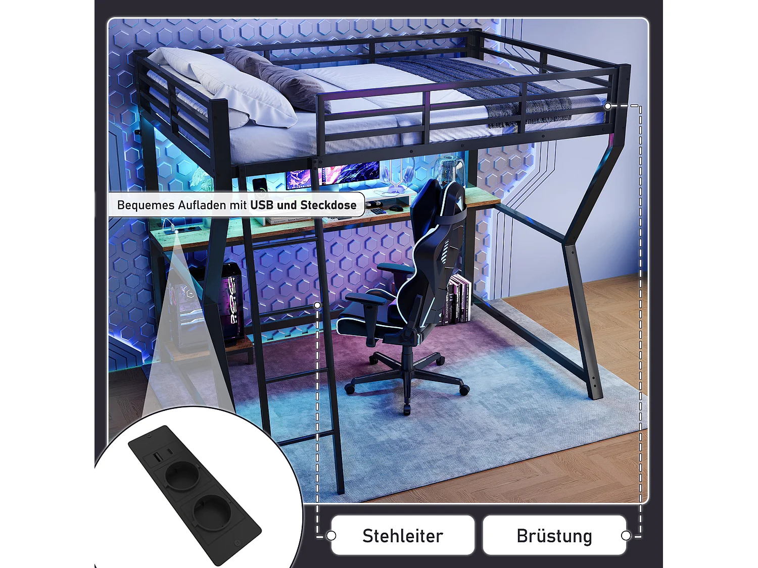 Łóżko antresola 90 x 200 cm z biurkiem, gniazdem USB i półkami - Oświetlenie nastrojowe - Metal - Czarne (bez materaca)