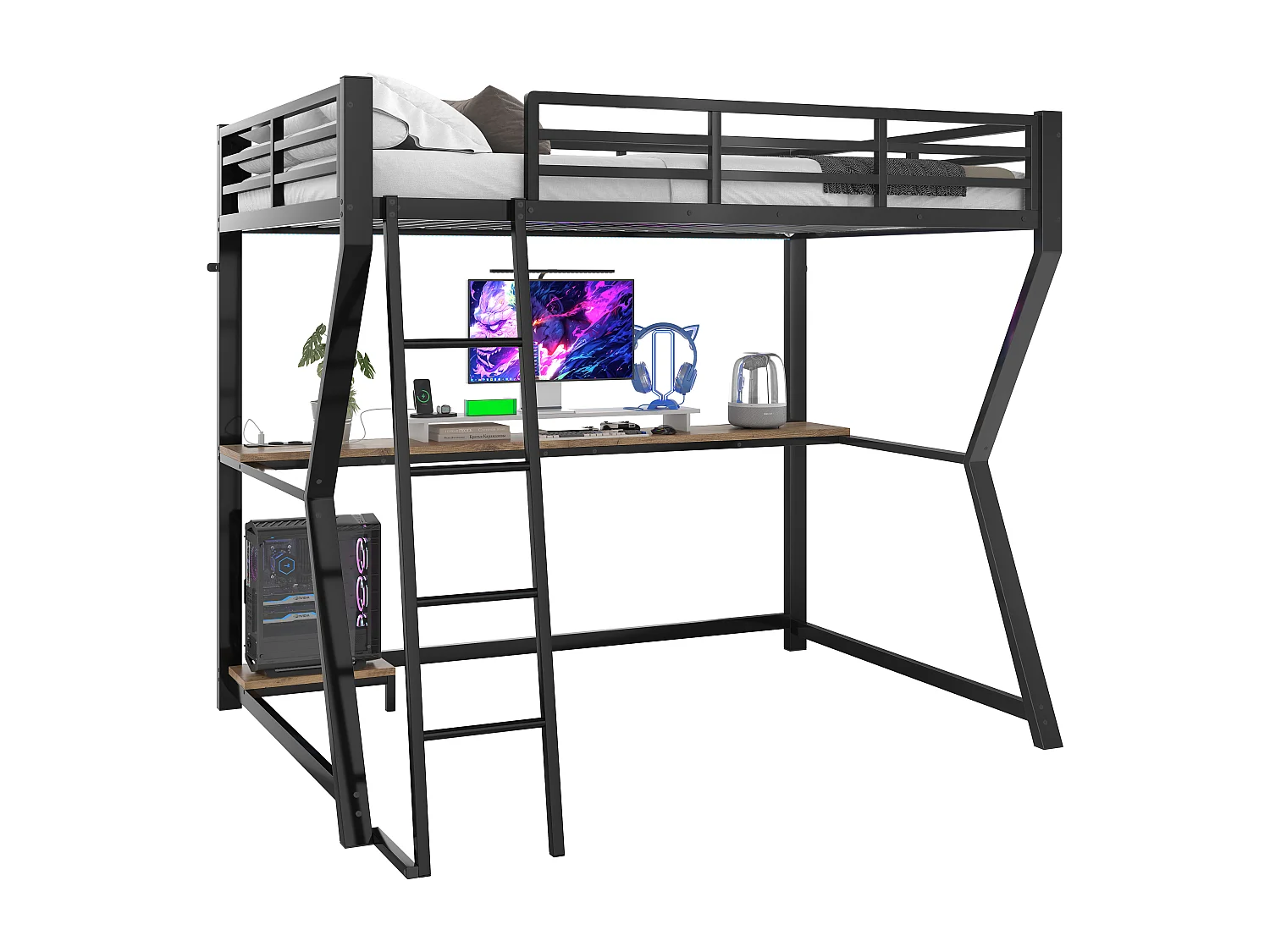 Łóżko antresola 90 x 200 cm z biurkiem, gniazdem USB i półkami - Oświetlenie nastrojowe - Metal - Czarne (bez materaca)