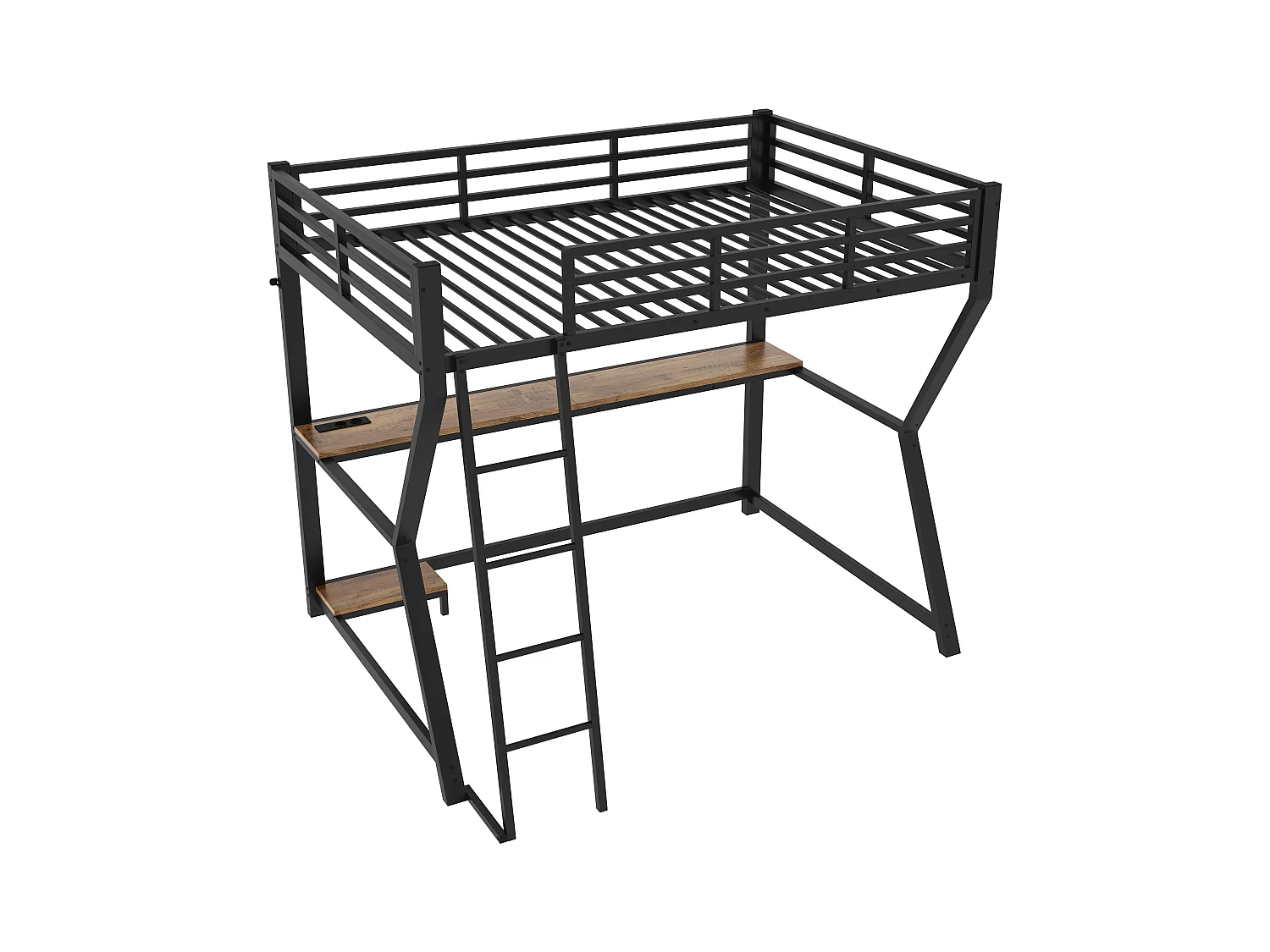 Lit mezzanine 90 x 200 cm avec bureau, prise+USB et étagères - Lumière d'ambiance - Métal - Noir (sans matelas)
