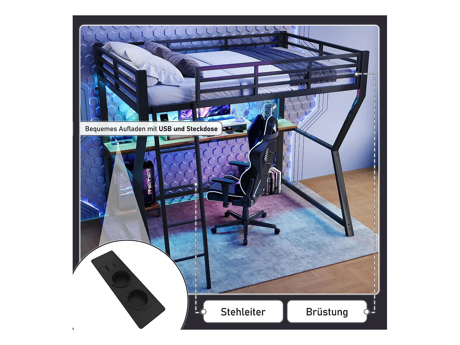 Lit mezzanine 90 x 200 cm avec bureau, prise+USB et étagères - Lumière d'ambiance - Métal - Noir (sans matelas)