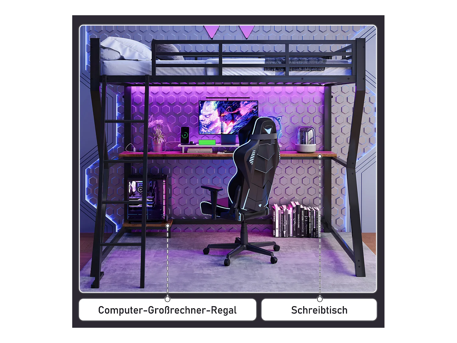 Lit mezzanine 90 x 200 cm avec bureau, prise+USB et étagères - Lumière d'ambiance - Métal - Noir (sans matelas)