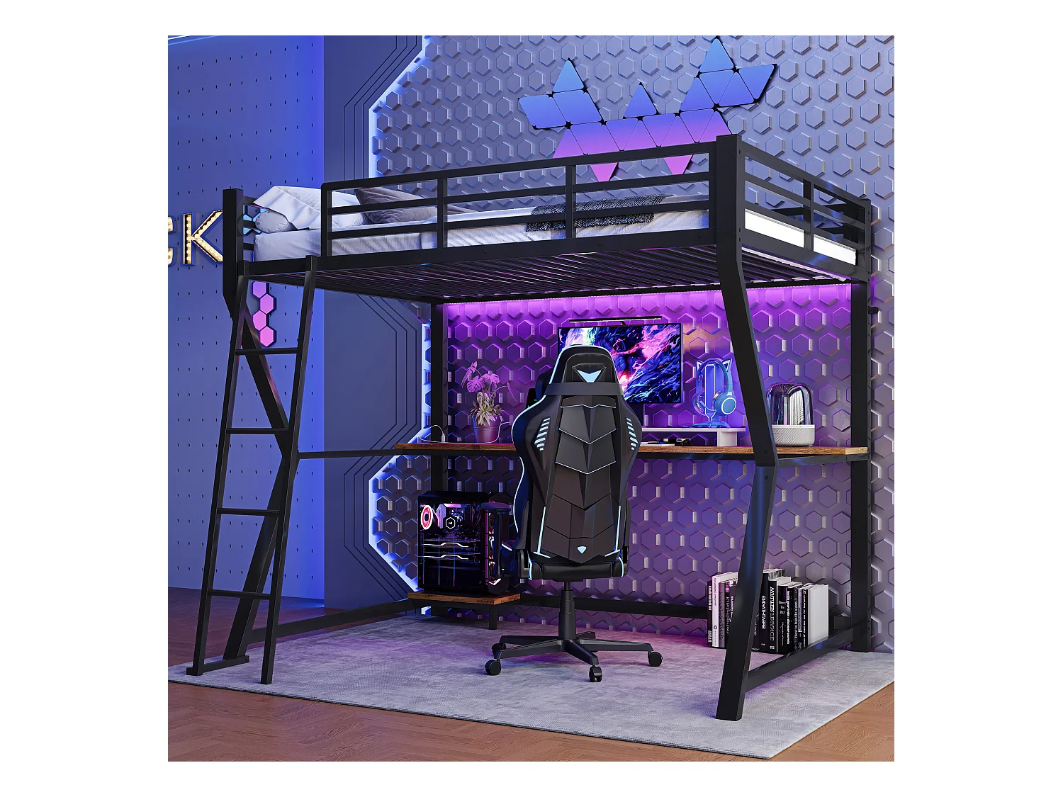Lit mezzanine 90 x 200 cm avec bureau, prise+USB et étagères - Lumière d'ambiance - Métal - Noir (sans matelas)