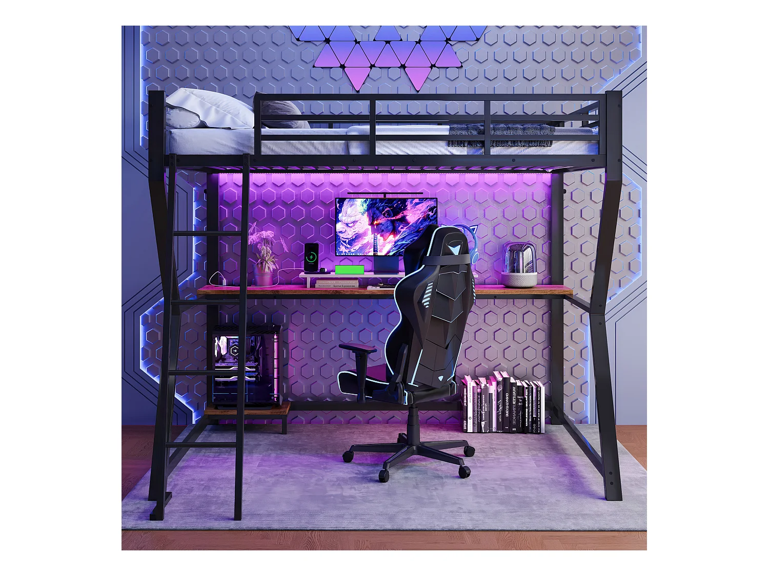 Lit mezzanine 90 x 200 cm avec bureau, prise+USB et étagères - Lumière d'ambiance - Métal - Noir (sans matelas)