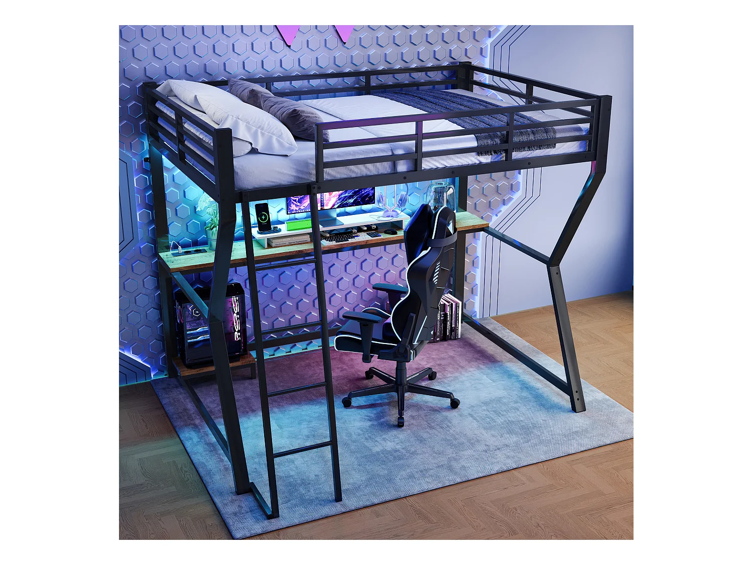Lit mezzanine 90 x 200 cm avec bureau, prise+USB et étagères - Lumière d'ambiance - Métal - Noir (sans matelas)