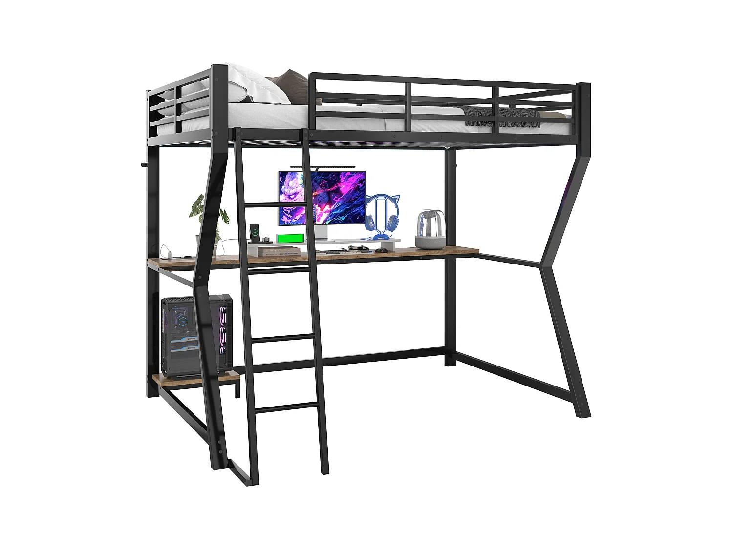 Lit mezzanine 90 x 200 cm avec bureau, prise+USB et étagères - Lumière d'ambiance - Métal - Noir (sans matelas)