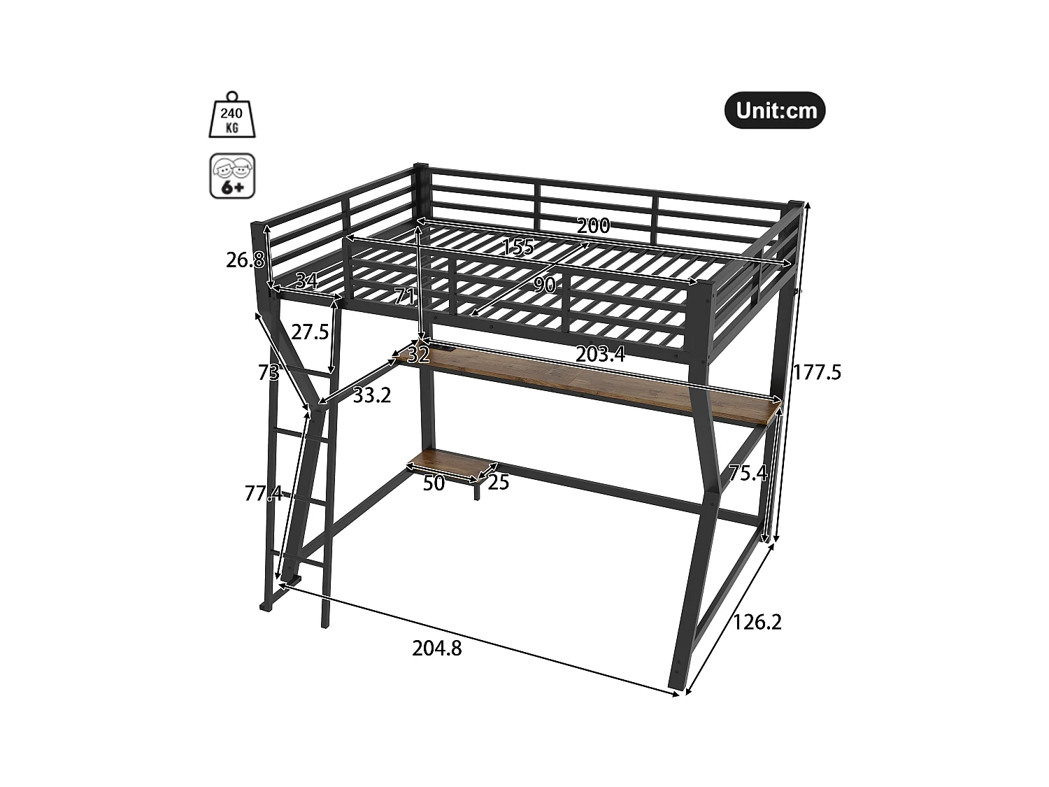 Lit mezzanine 90 x 200 cm avec bureau, prise+USB et étagères - Lumière d'ambiance - Métal - Noir (sans matelas)
