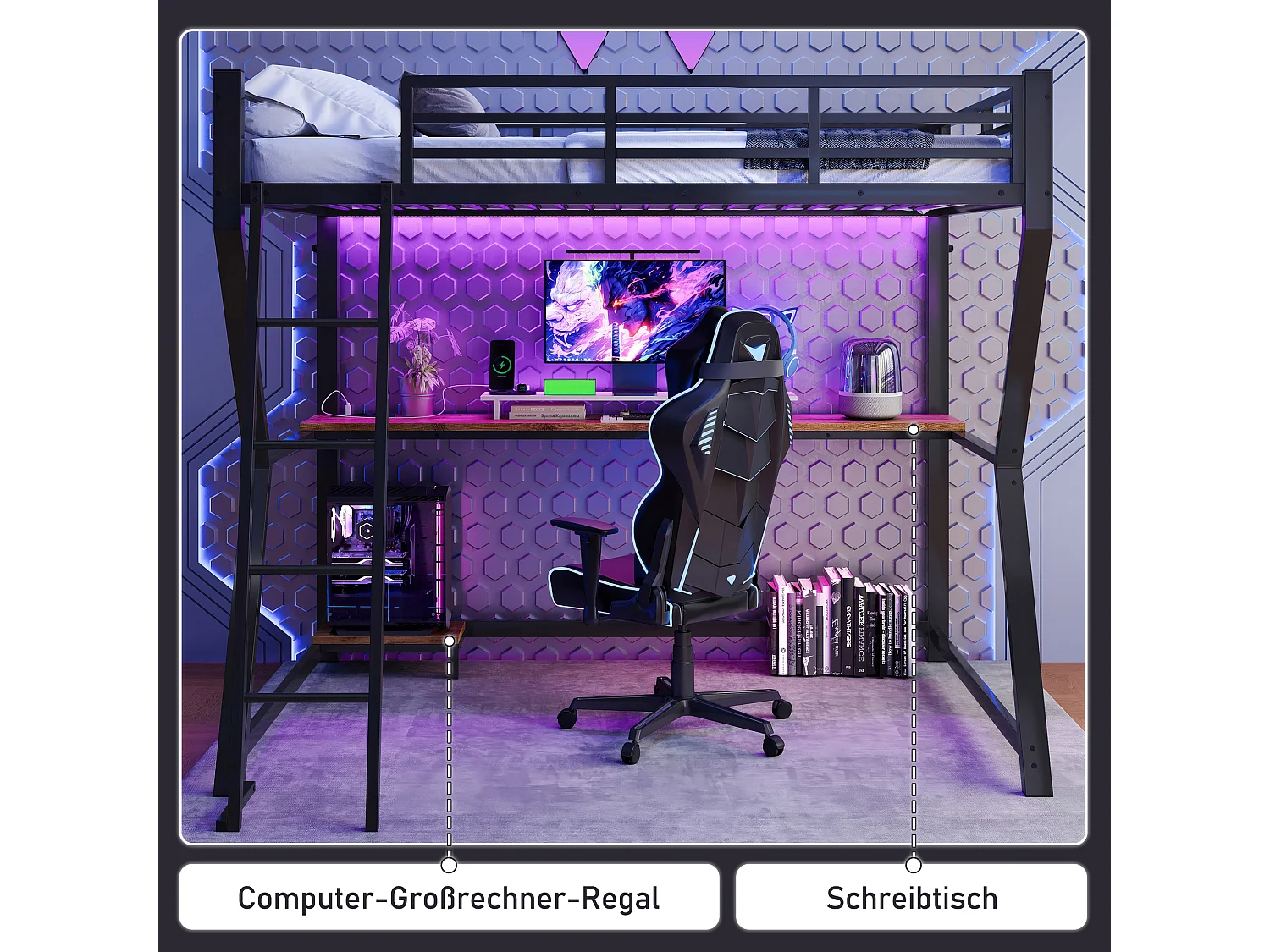 Lit mezzanine 90 x 200 cm avec bureau, prise+USB et étagères - Lumière d'ambiance - Métal - Noir (sans matelas)