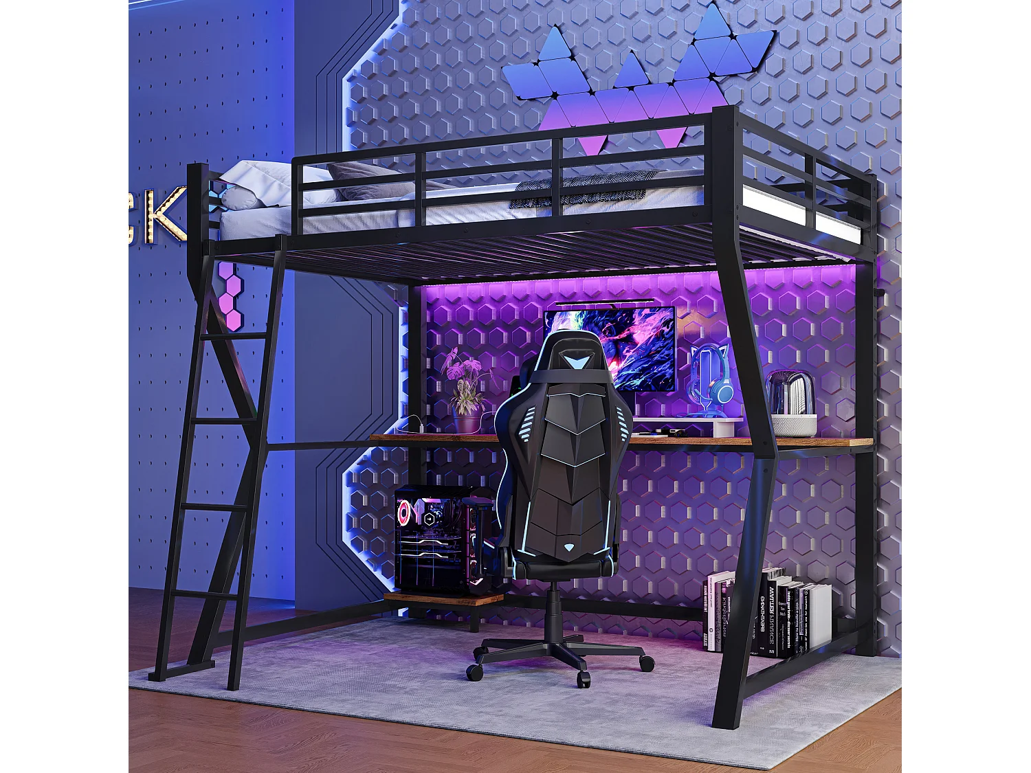 Lit mezzanine 90 x 200 cm avec bureau, prise+USB et étagères - Lumière d'ambiance - Métal - Noir (sans matelas)