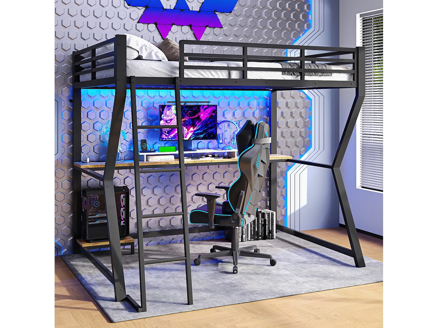 Lit mezzanine 90 x 200 cm avec bureau, prise+USB et étagères - Lumière d'ambiance - Métal - Noir (sans matelas)