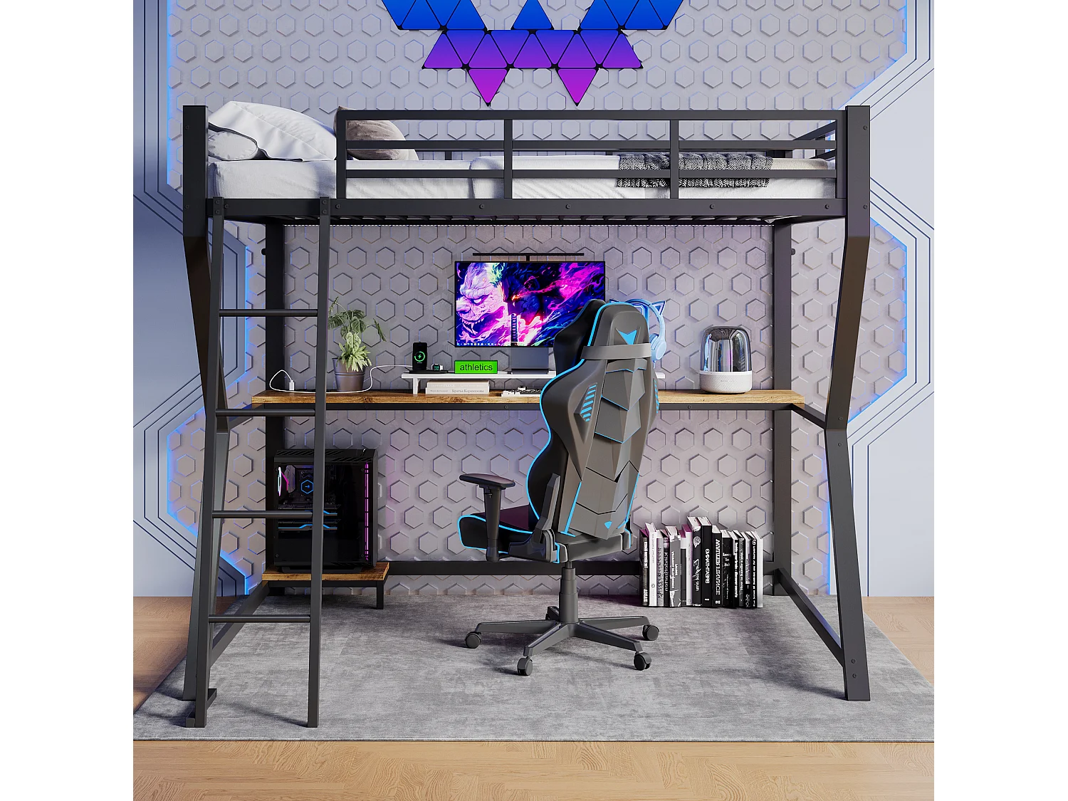 Hoogslaper 90 x 200 cm met bureau, stopcontact + USB-poort en planken - Sfeerverlichting - Metaal - Zwart (matras niet inbegrepen)